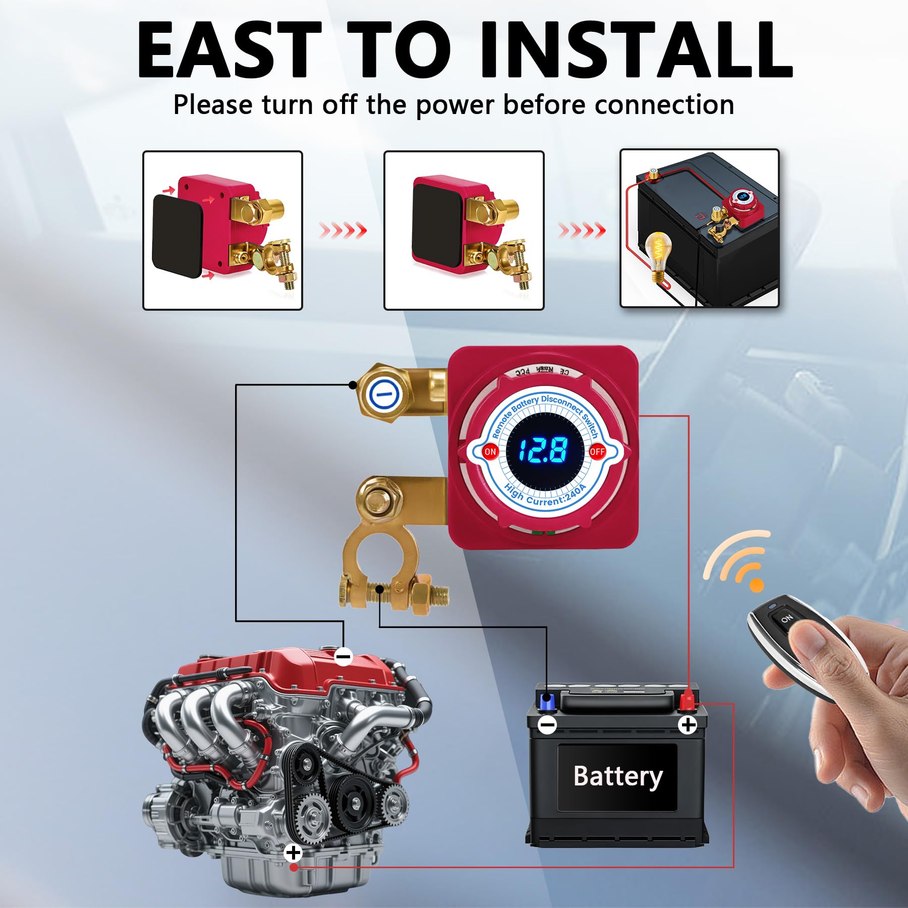 Intelligente Stacca Batteria 12V per Auto, 240A Sezionatore Remoto Senza Fili con LED Volt Display, Staccabatteria Automatico per RV ATV Moto Camion Barca