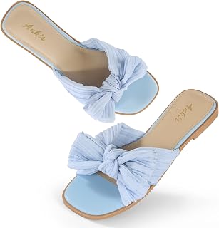 Women's Pleated Bow Flat Slides, Square Open Toe Dressy Comfort Sandals