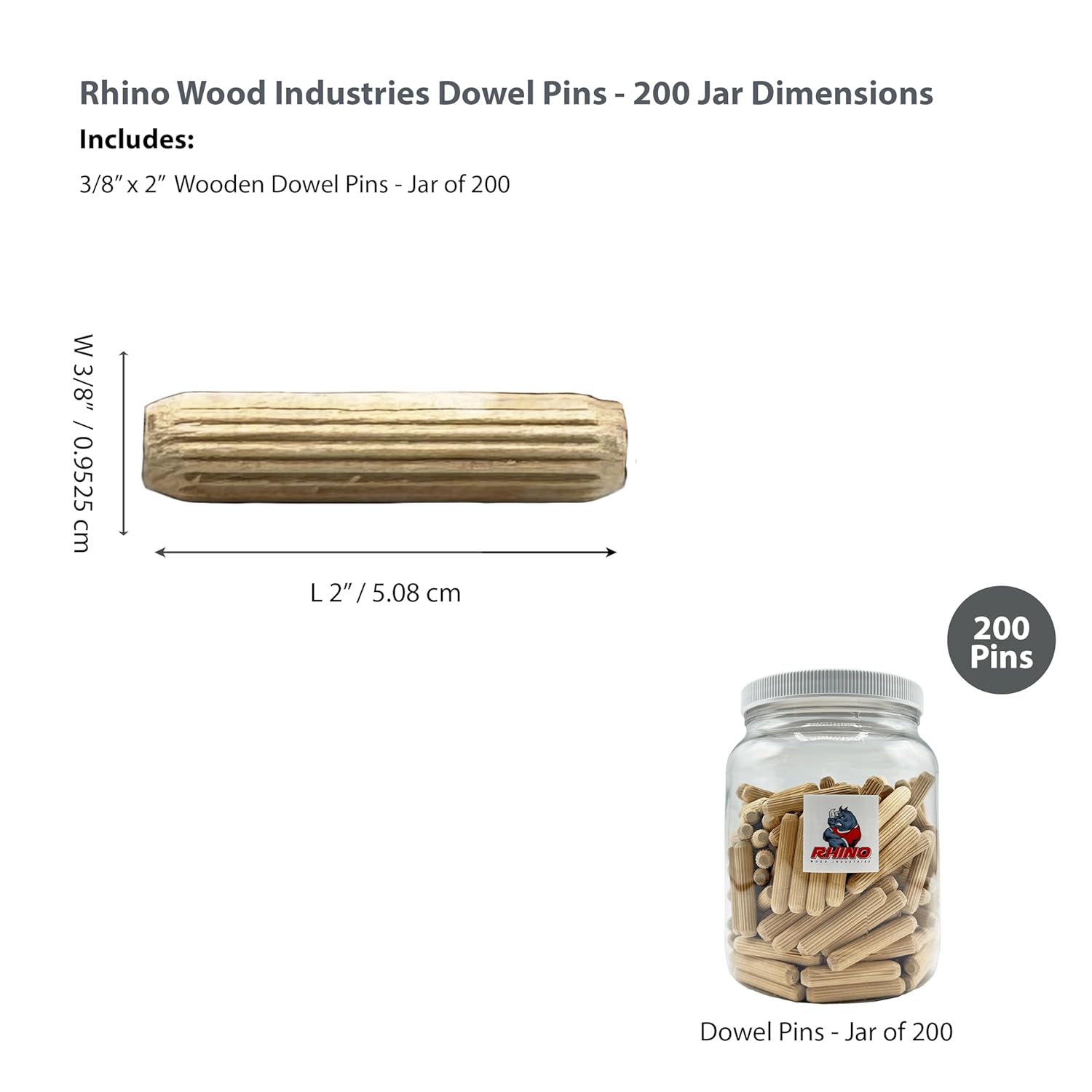 3/8" x 2" - 200 Pack Wooden Dowel Pins in Plastic Jar - Kiln Dried, Fluted, and Beveled (3/8" x 2", 200pk, Jar)
