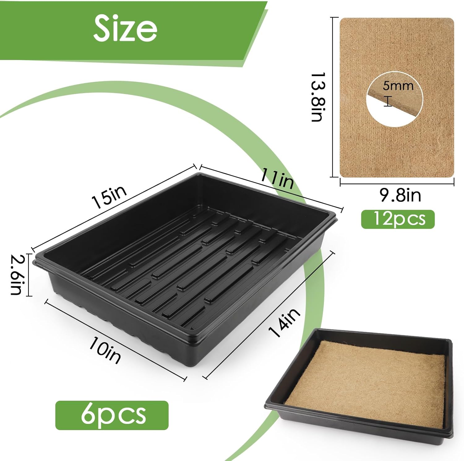 Microgreens Growing Trays Kit – 6 Pack Micro Green Grow Trays with 12 Hemp Fiber Grow Mats, 15 x 11 x 2.5 Inch Seed Starter Trays for Growing Microgreens, Indoor Gardening