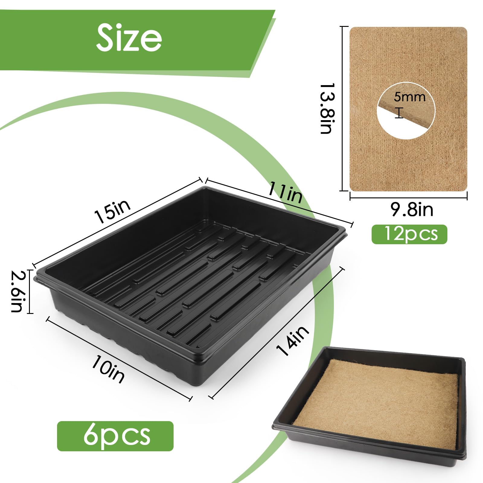 Paquete de 6 bandejas de cultivo de microgreens con 12 alfombrillas de cultivo de fibra de cáñamo para plantas, 15 x 11 x 2.5 pulgadas, kit de cultivo de semillas de jardín para plántulas, cultivo de