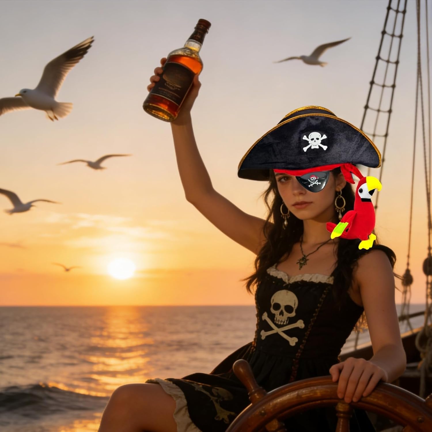 3Pcs Pirate Hat & Stuffed Shoulder Parrot & Eye Patches, Pirates Costume Accessories Skull Print Patch for Woman Men Adults for Halloween School Shows and Cosplay Props - Image 6