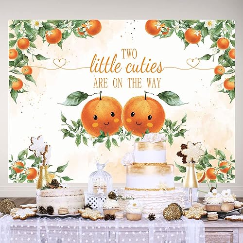 Miniatura 3 de Hilioens Telón de fondo de dos pequeñas cuties de 7 x 5 pies, diseño de dos pequeñas cuties de color naranja, para decoración de fiestas, hojas
