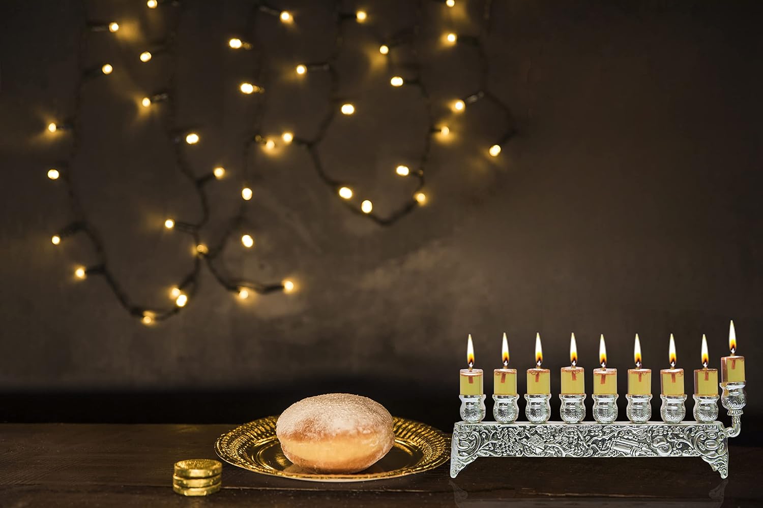 Ner Mitzvah Silver Plated Oil Wall Menorah, Fits Standard Chanukah Oil Cups and Large Candles for Indoor Use, 3 inch High