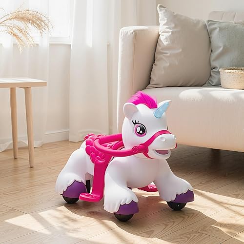 Miniatura 9 de Qaba Caballo de unicornio de 12 V, juguete eléctrico interactivo para niños con zanahoria, peine, sonidos de animales, luz, regalo para niñas y