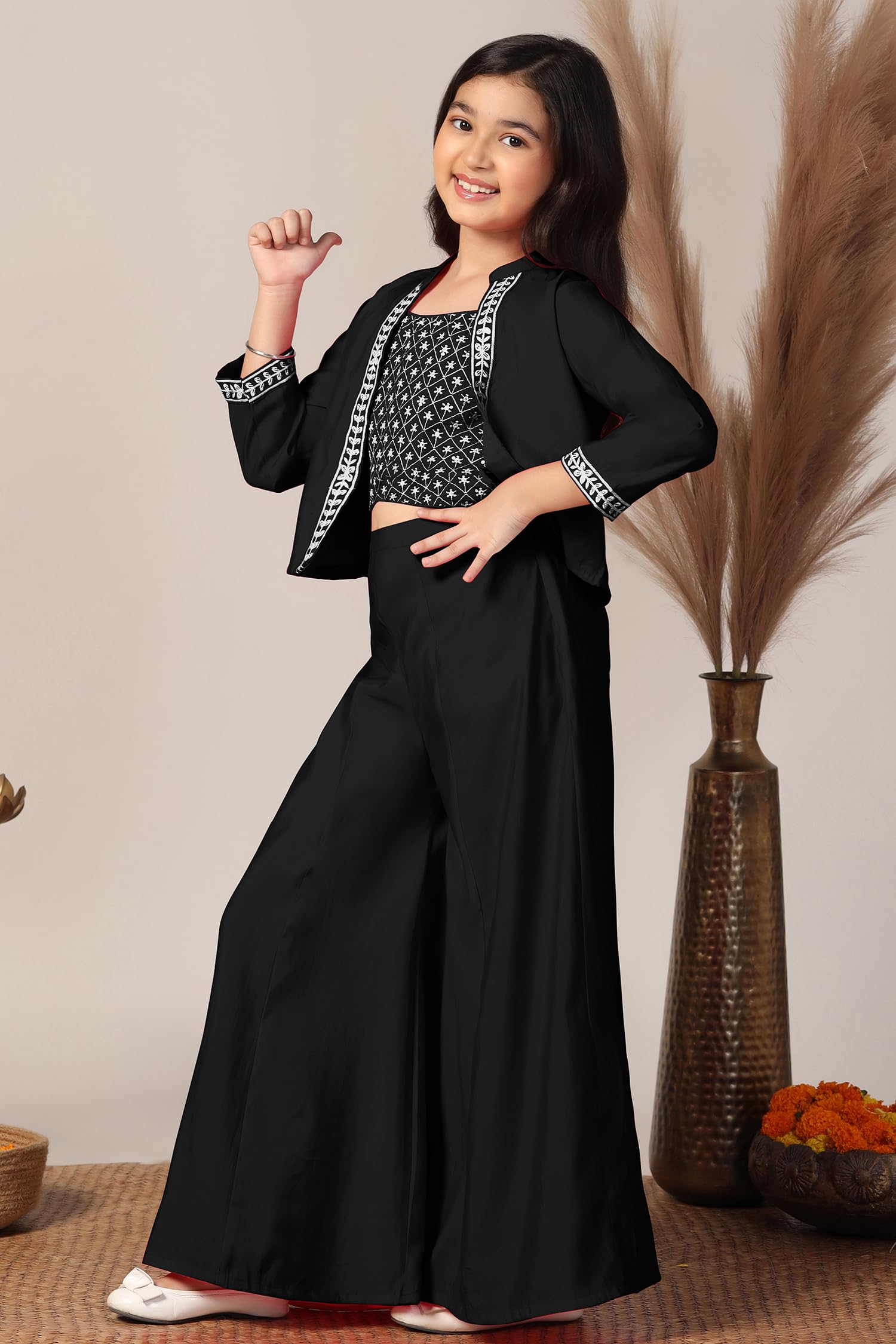 Jwalin Girl's Silk Blend Ethnic Top and Palazzo Set|Kids Salwar Suit Set|Embroidered Suit for Girls|Ethnic Wear|Indo Western Set (JWGSET00436 BLK 36_Black_11-12 Years) - Image 3 thumbnail