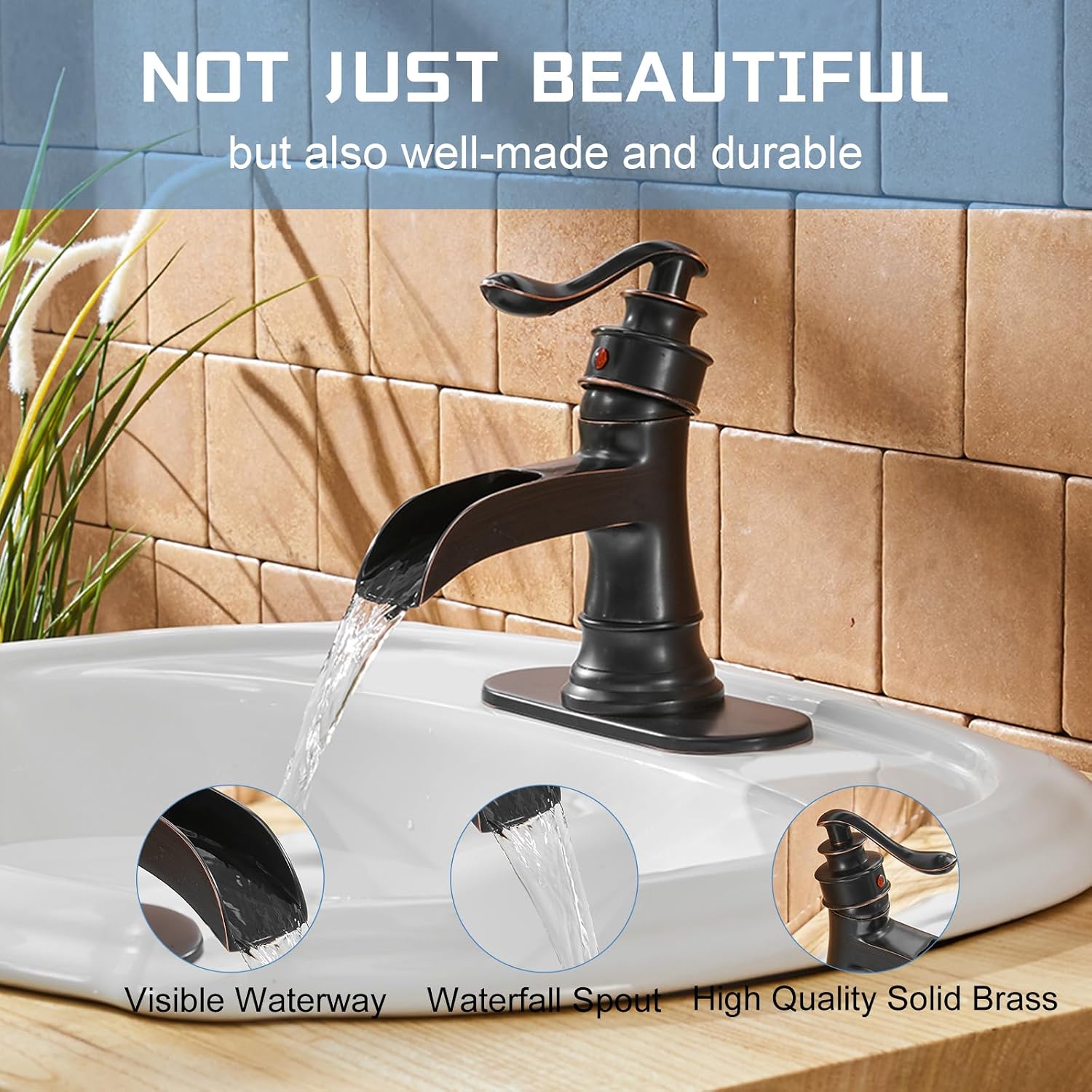 Homevacious Oil Rubbed Bronze Bathroom Faucet Waterfall Sink Basin Single Handle Bath Lavatory Farmhouse Faucets Bundle with Bronze Bathroom Sink Drain Pop up Drain with Overflow