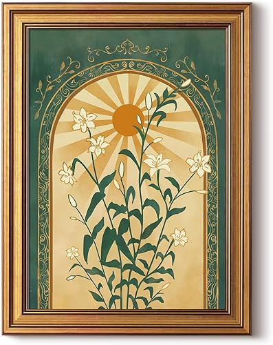 HUARCEY Lienzo enmarcado de oro, decoración de imagen botánica solar, sala de estar, dormitorio, verde esmeralda, bohemio, arte rústico, vintage,