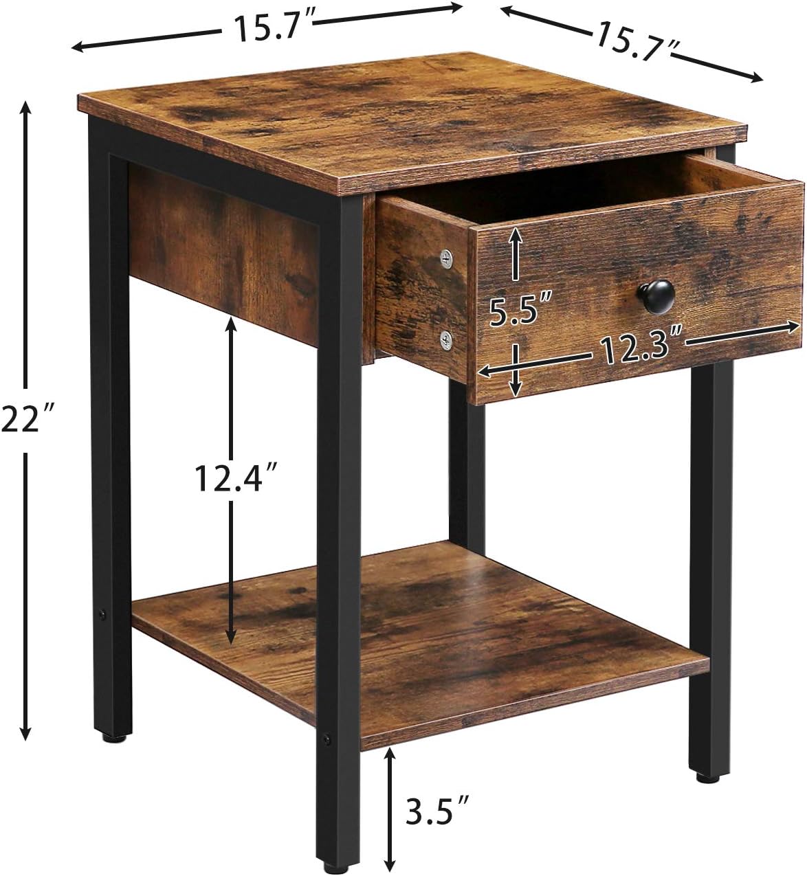 HOOBRO Nightstand, 2-Tier End Table, Industrial Side Table with Drawer and Storage Shelf, Wooden Accent Table with Metal Frame, Easy Assembly, Rustic Brown and Black BF40BZ01 : Home & Kitchen