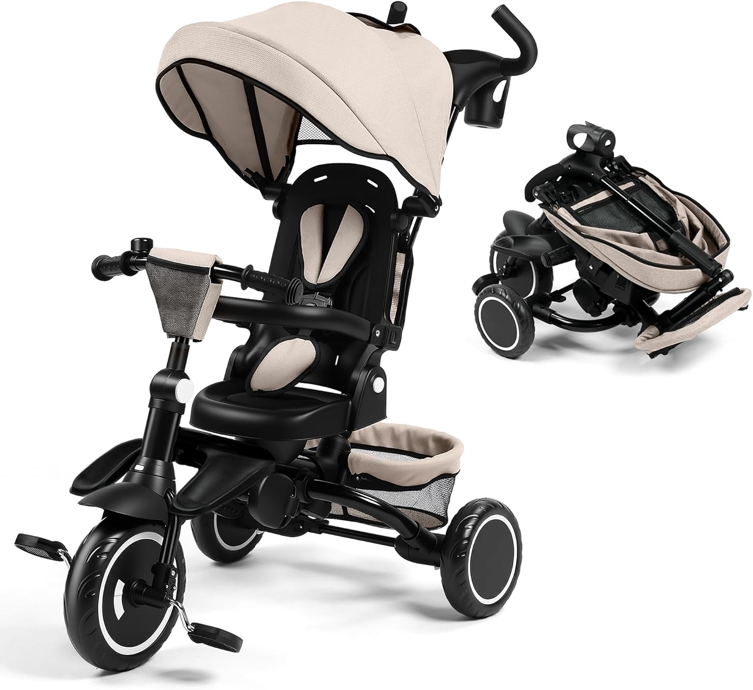 Kinder King Kids Trike Tricycle for Toddlers 1-3, 8 in 1 Folding Toddler Tricycle Bike w/1-Step Brake, Adjustable Push Handle, Rotatable Seat, Adjustable Canopy, Bell, 5-Point Harness, Storage, Gray