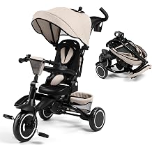 Kinder King Kids Trike Tricycle for Toddlers 1-3, 8 in 1 Folding Toddler Tricycle Bike w/1-Step Brake, Adjustable Push Handle, Rotatable Seat, Adjustable Canopy, Bell, 5-Point Harness, Storage, Khaki