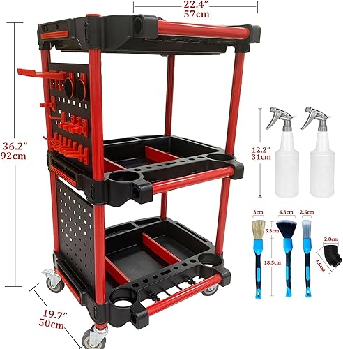 Miniatura 4 de Carro de herramientas para detallado automático con 2 tablas para colgar herramientas, carrito rodante de 3 niveles, organizador de detalles de