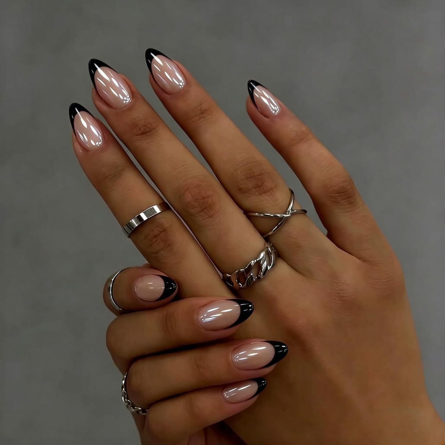 SXVME Chrome Black French Tip Press on Nails - Short Almond