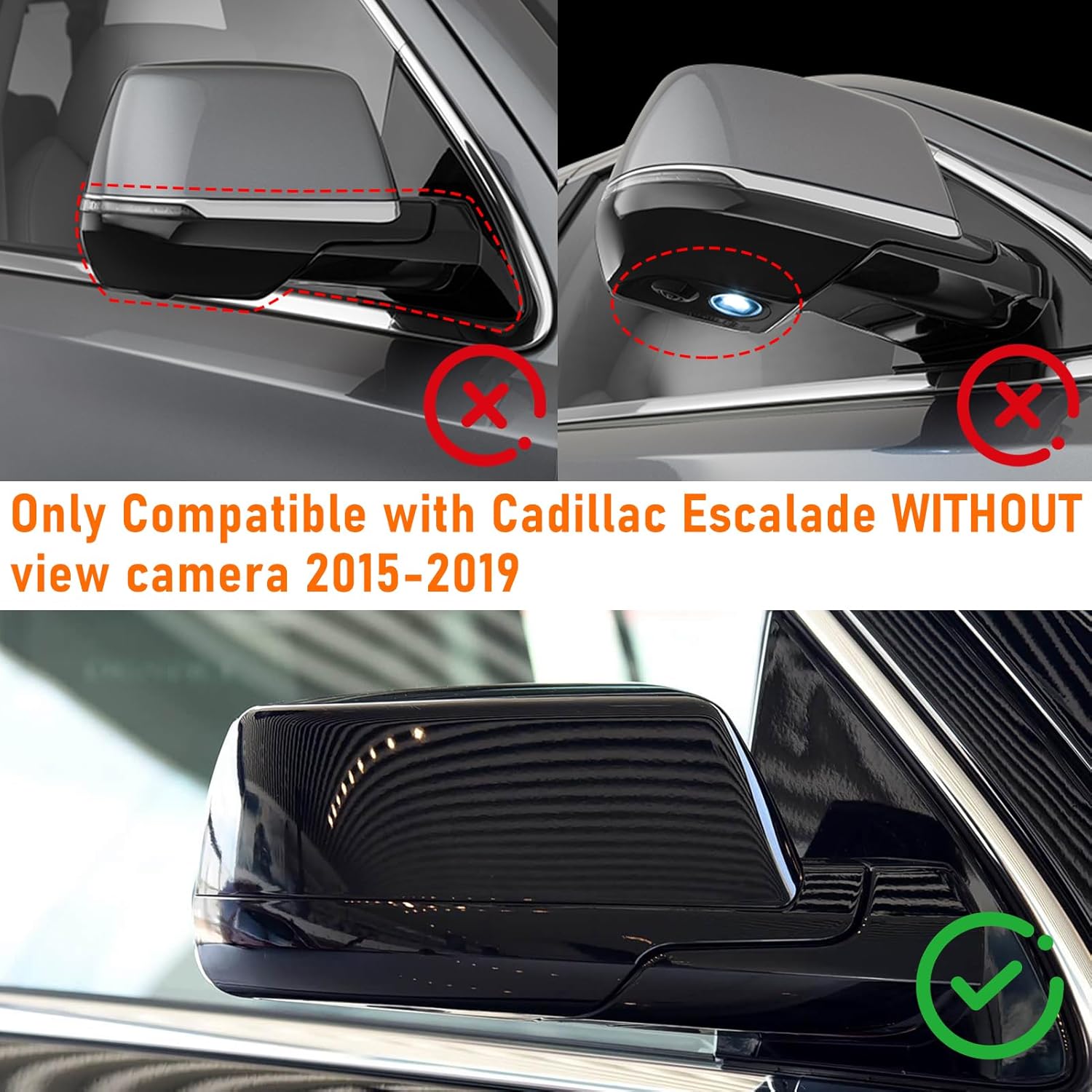 Moonlinks Compatible with Chevy Tahoe/Suburban GMC Yukon/Yukon XL 2015-2020 Mirror Cover, Glossy Black Left&Right Side Clip-on Mirror Cap Without Turn Signal for Cadillac Escalade 2015-2019