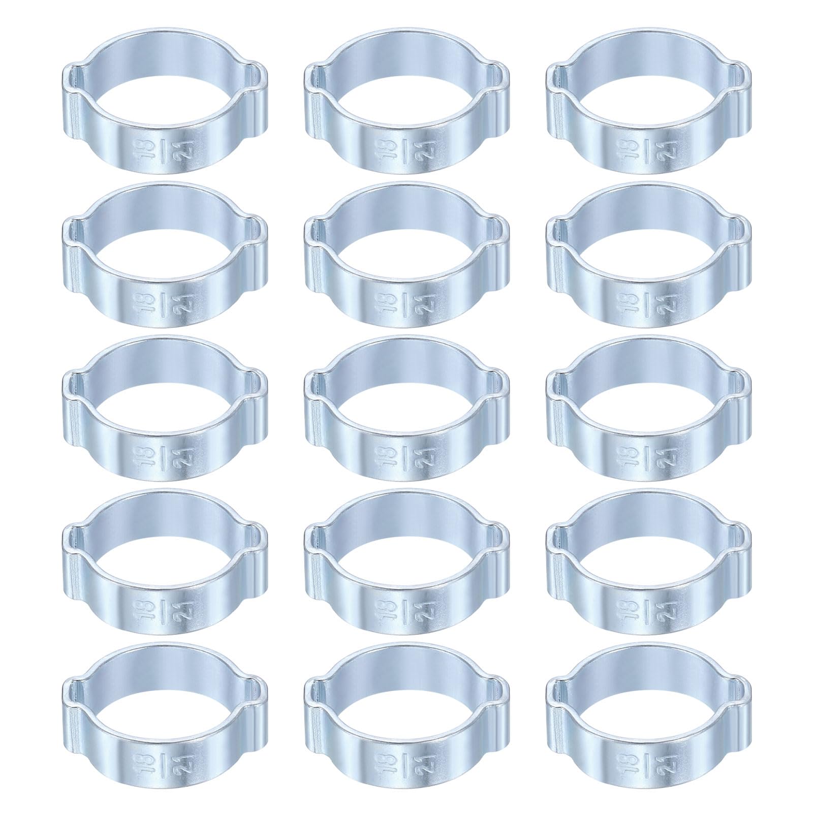 sourcing map 15pcs Double Ear Hose Clamp 18-21 mm Galvanized Steel Hose Clamp Double Ear O Clips Crimp Rings for Fuel Line Pipe Tube Fitting Connections, Silver