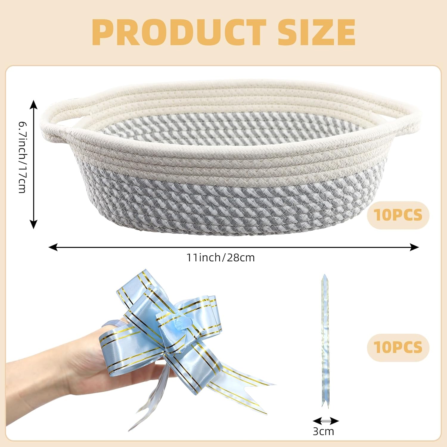 10 Pack Small Woven Basket with Gift Bags and Ribbons, Rectangle Storage Basket Set, Natural Cotton Rope Woven Baskets, Gift Basket for Baby Nursery, Toy Baskets, Bathroom Organization Bin