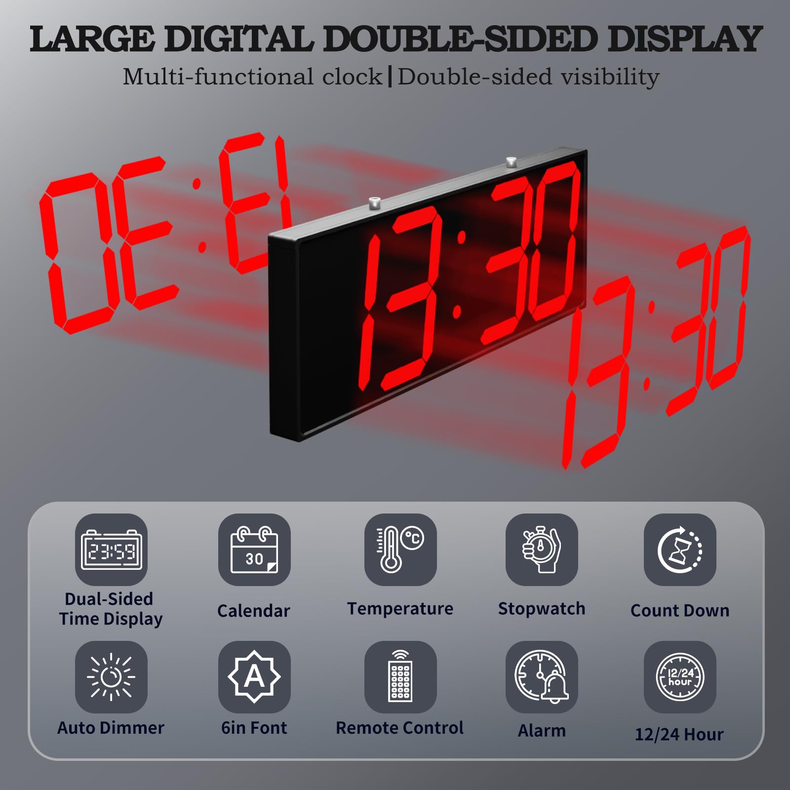 CHKOSDA Große digitale Wanduhr mit doppelseitigem Display, multifunktionale LED-Hänge-Digitaluhr mit einstellbarer Helligkeit, geeignet für Büros, Lager, Korridore, 49,5 cm (19,5 Zoll), Rot