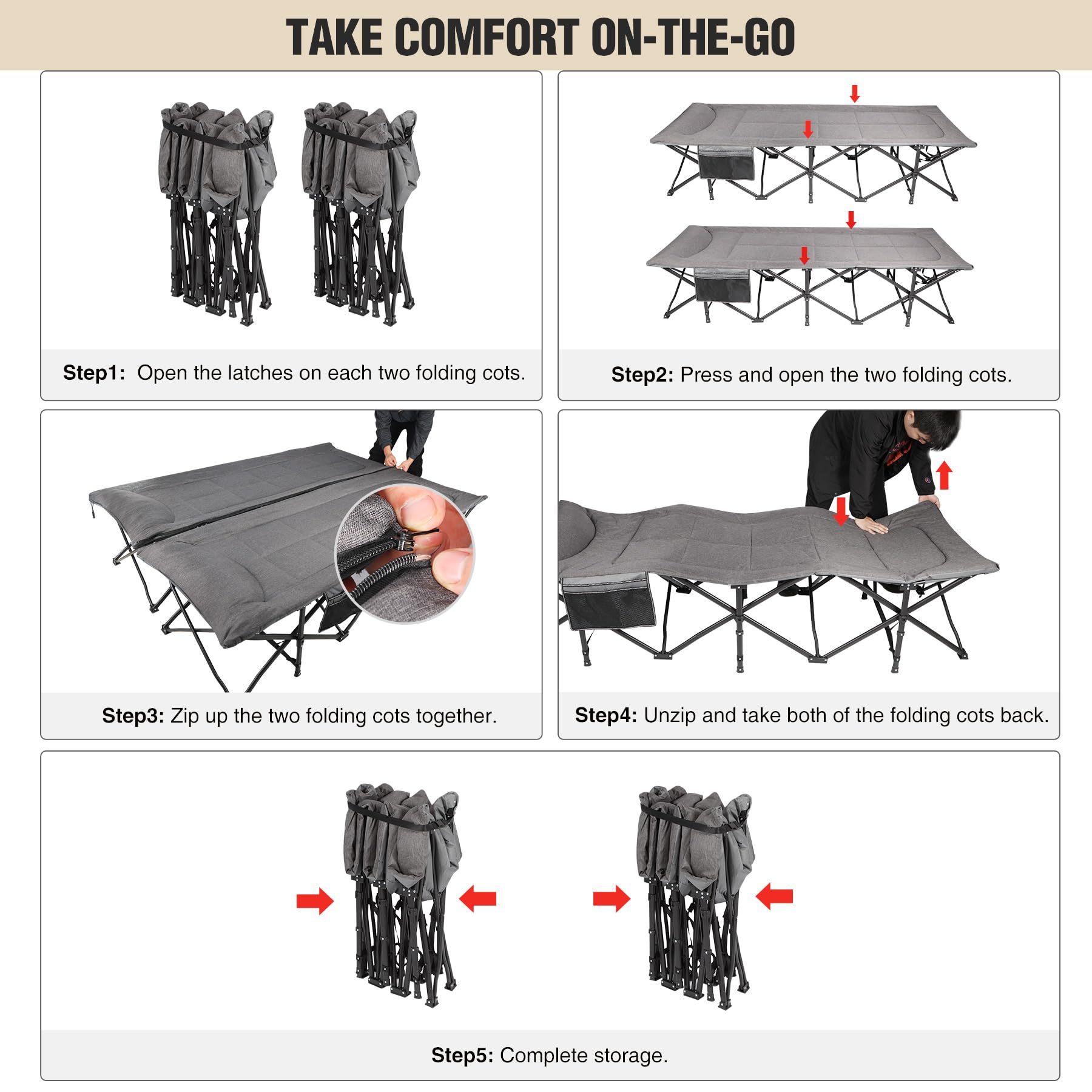 REDCAMP Campingbett 2 Personen mit Auflage, 200x150x45 cm Doppelfeldbett Klappbar 454kg Tragkraft, Faltbar Gästebett mit Matratze Topper für Indoor Outdoor Camping Wandern Reisen Strand Garten, Grau