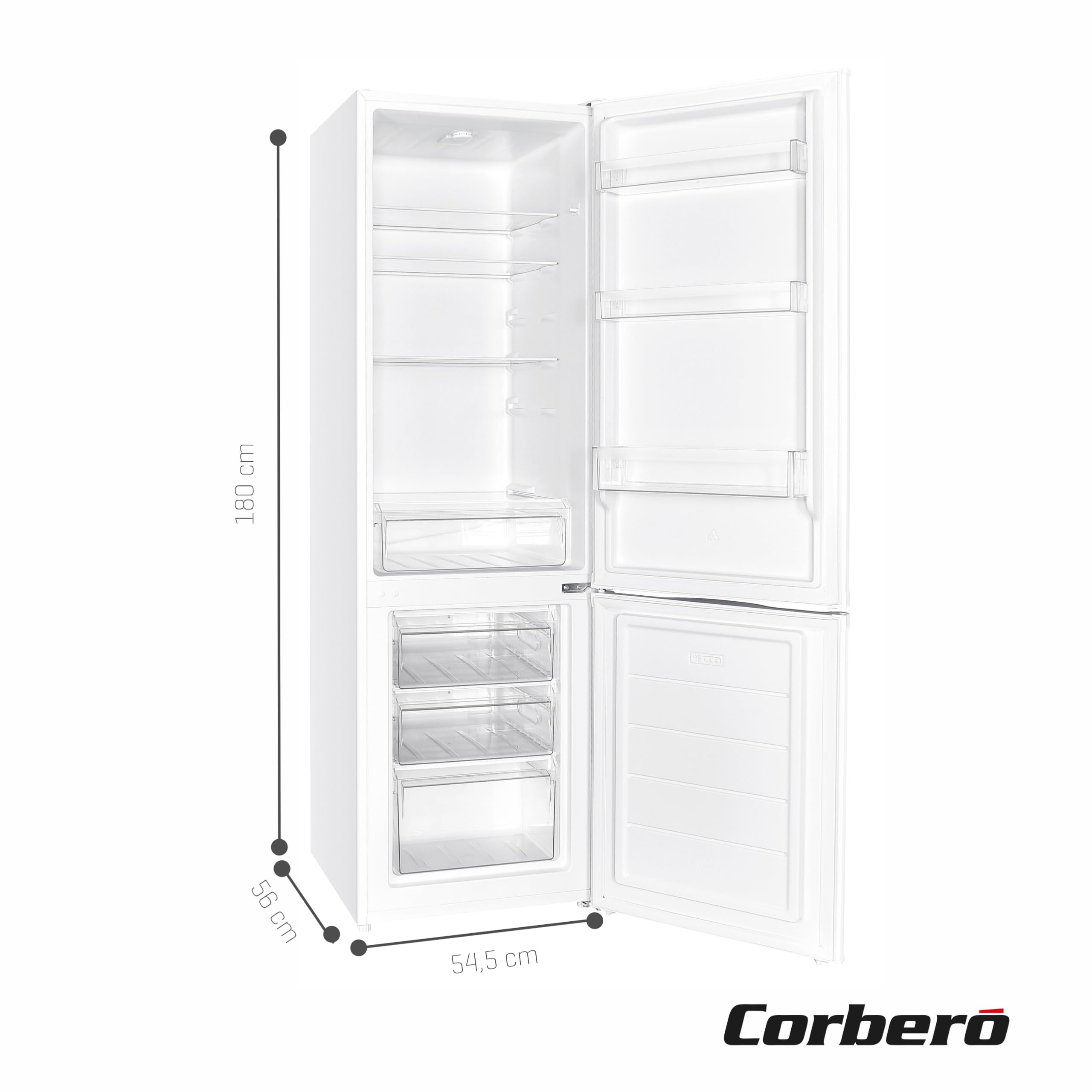 Corbero - Frigorífico Combi Estático | CCH1824EW | 262L | 180cm | Cajón Crisper | Luz LED | Estanterías Cristal | Hueveras y Cubiteras | Blanco — view 2