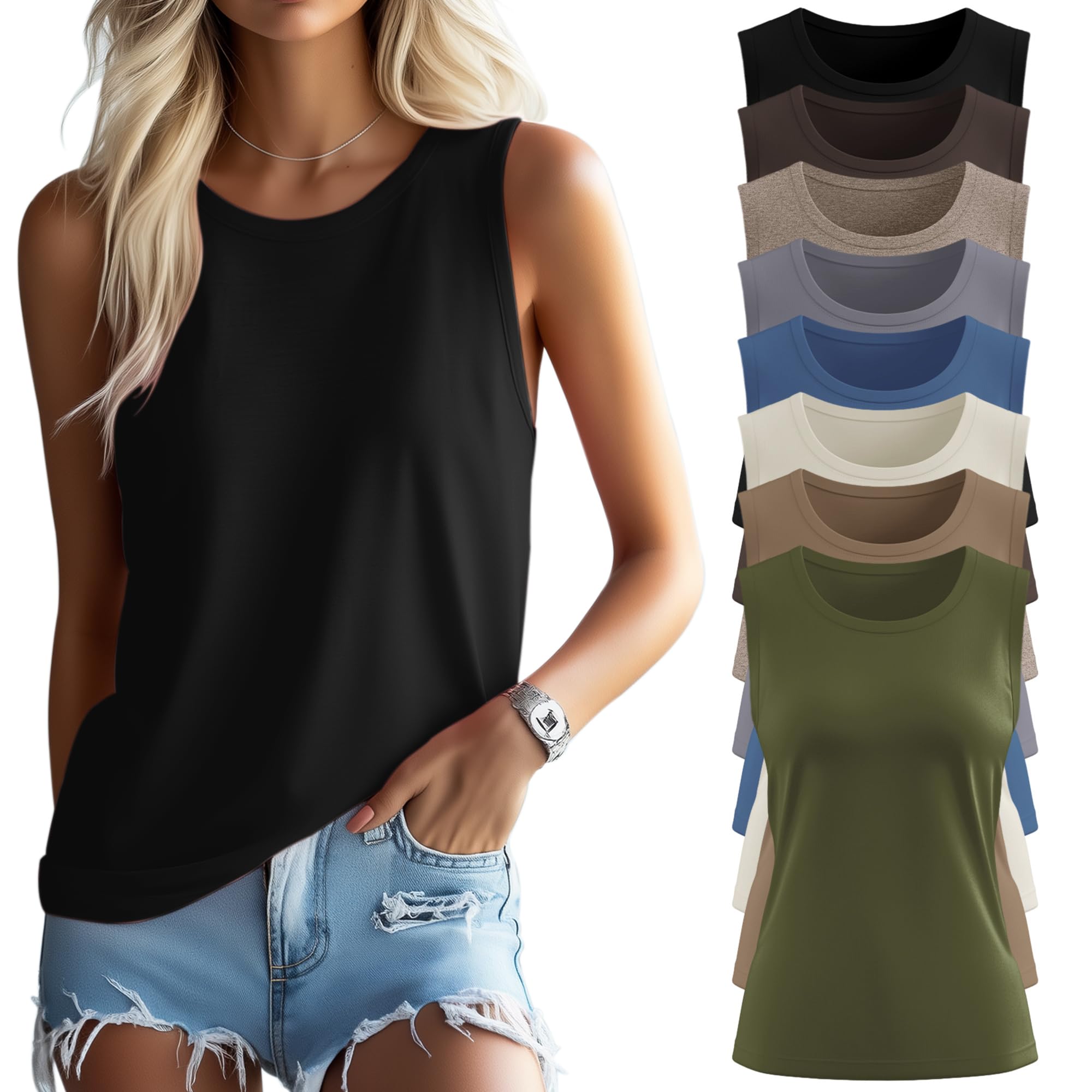 Ficerd 8 Pack Women’s Sleeveless Tops, Crew Neck Loose Fit Tank Tops Basic Summer Trendy Shirts Casual Fashion T Shirts