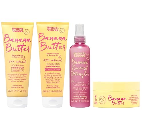 Umberto Giannini Kit de lavado y estilo de mantequilla de plátano, champú y acondicionador 97% natural, acondicionador vegano sin enjuague y spray