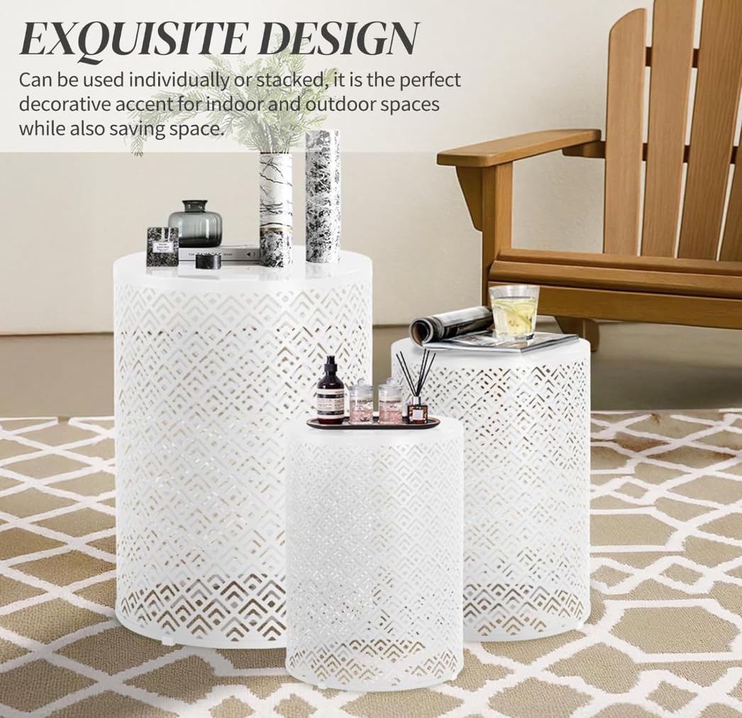 Metal Accent Indoor Outdoor Nesting End Carved Trellis Design, Set of 3 Side Table, Round Patio Accent Table, Metal Frame End Table for Indoor Outdoor, 12", 14", 16" H, (White)