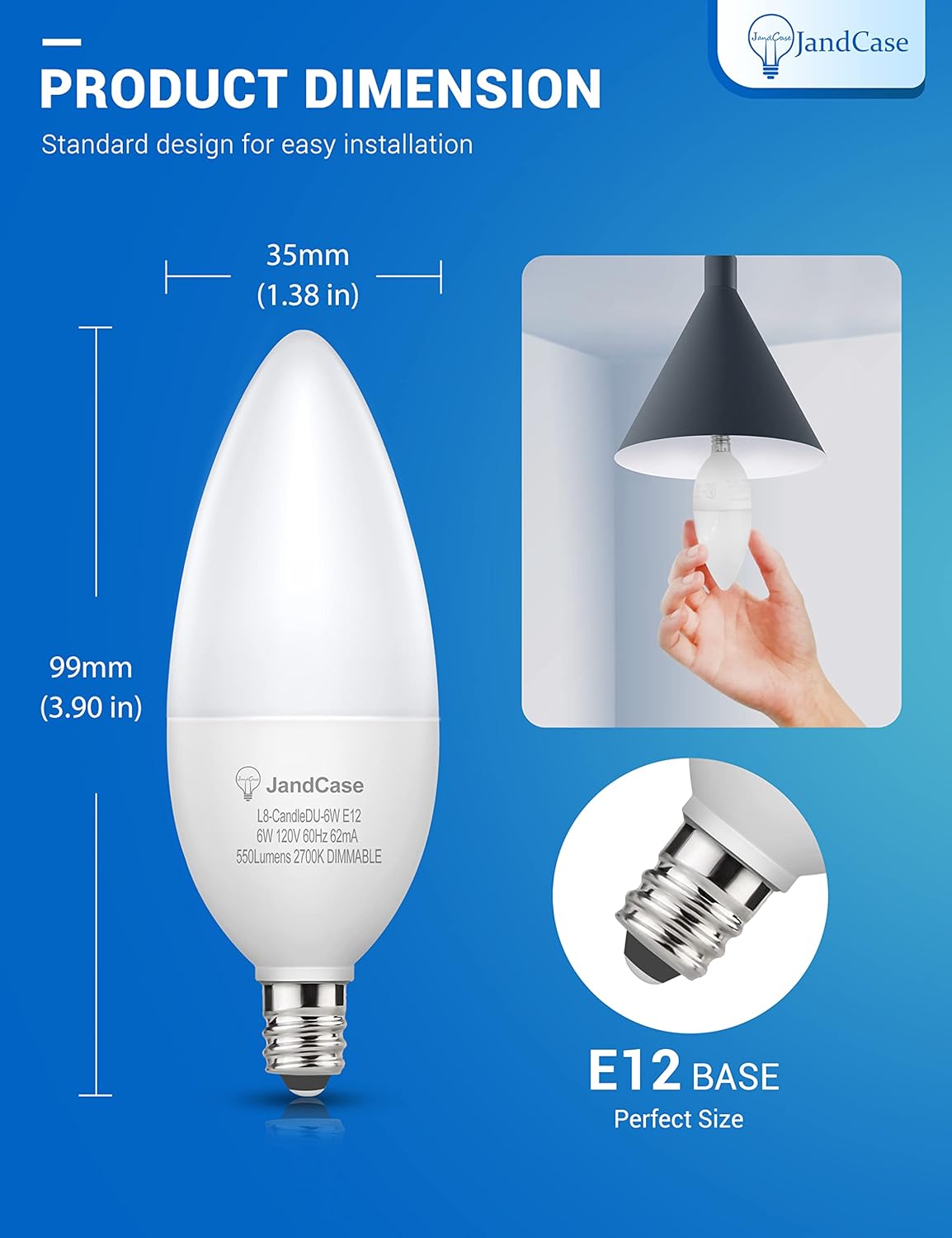 JandCase Candelabra Light Bulbs, Dimmable E12 Candle Bulbs, 6W (60W Equivalent), Warm White 2700K, Decorative Type B LED Bulbs, Candelabra Lights for Ceiling Fan, Chandelier, UL Listed, 8 Pack