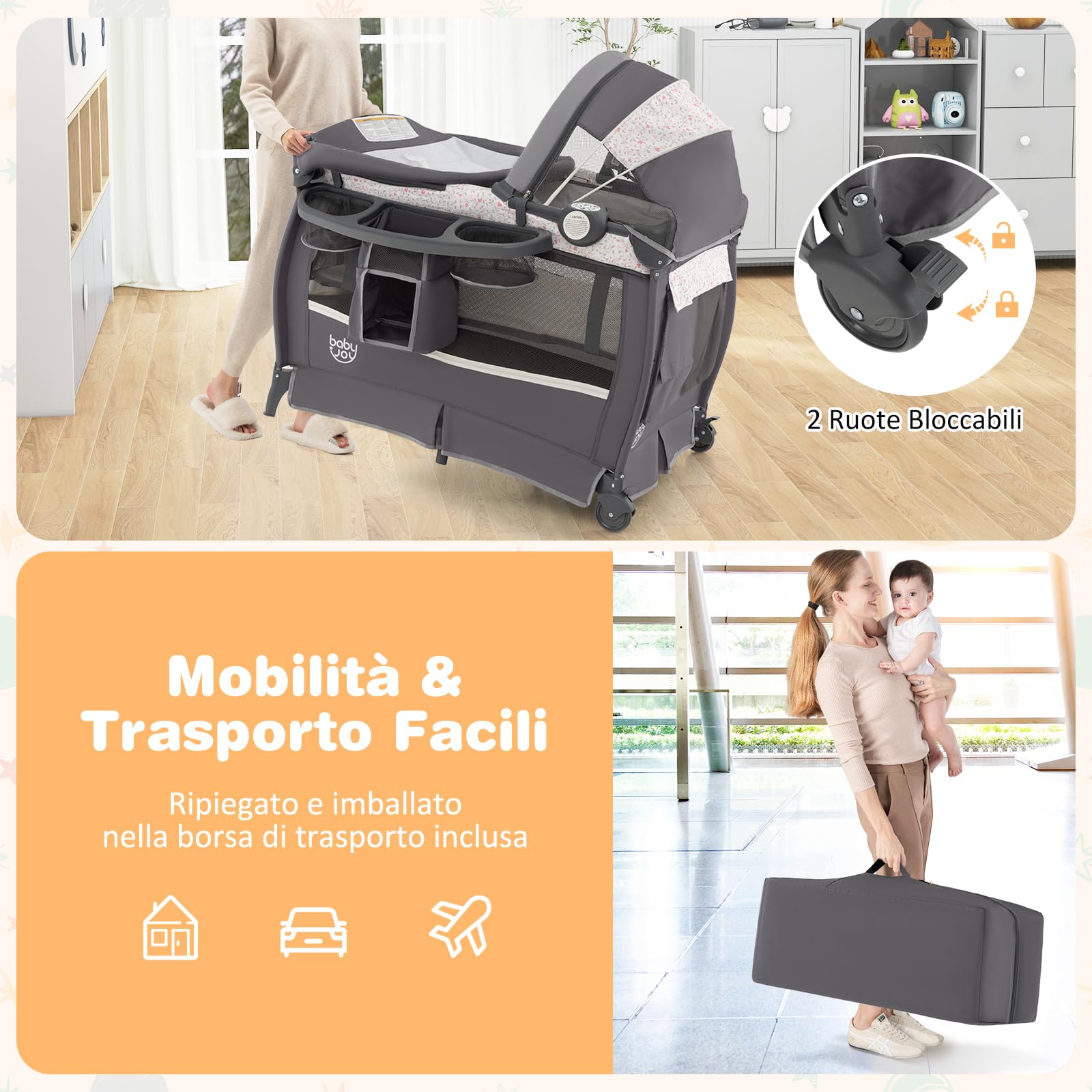 GYMAX Lettino Pieghevole con Baldacchino Regolabile, Box per Bambini 0-3 Anni, Carillon Musicale, Ruote Bloccabili, Lettino da Viaggio con Culla, Fasciatoio, Materasso e Borsa da Trasporto (Marrone)