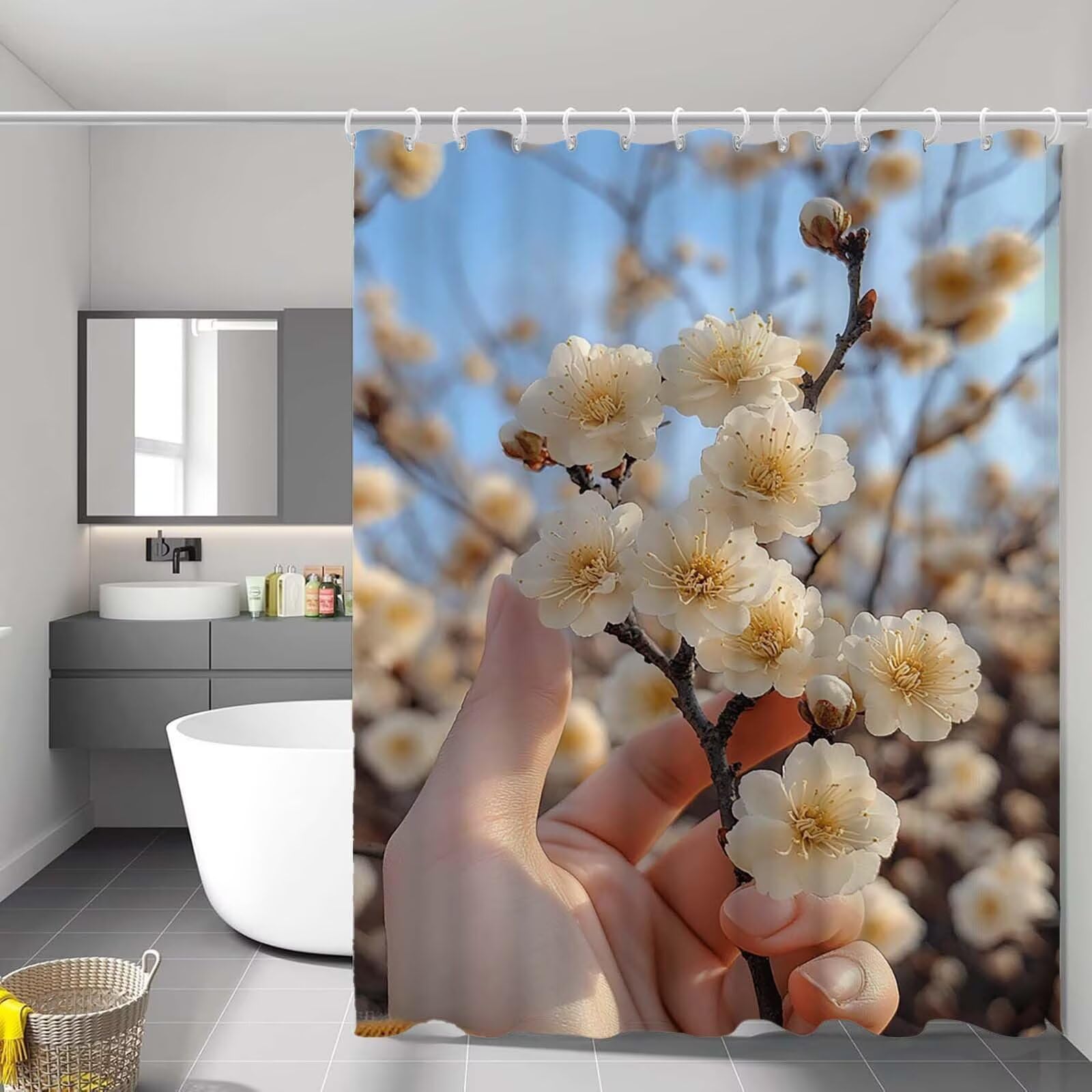 Rideau de douche rose 90x180 cm avec crochets et motif fleurs de pêcher