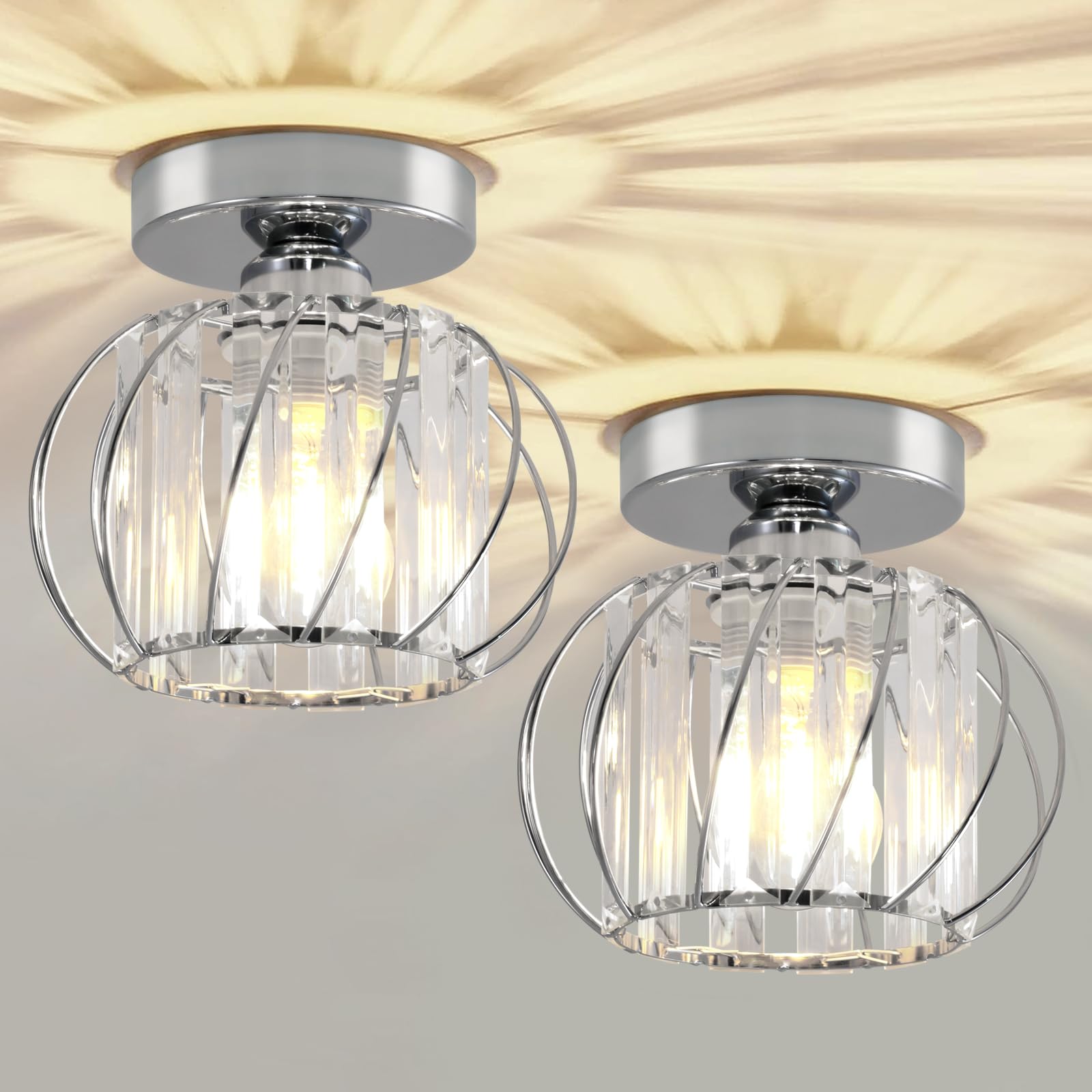 Kristall Deckenleuchte, Moderne Kristall Kronleuchter Silber, Semi Unterputz Deckenleuchte mit Glas Lampenschirm für Wohnzimmer, Schlafzimmer, Küche, Esszimmer, Flur, Badezimmer, Foyer, Bar