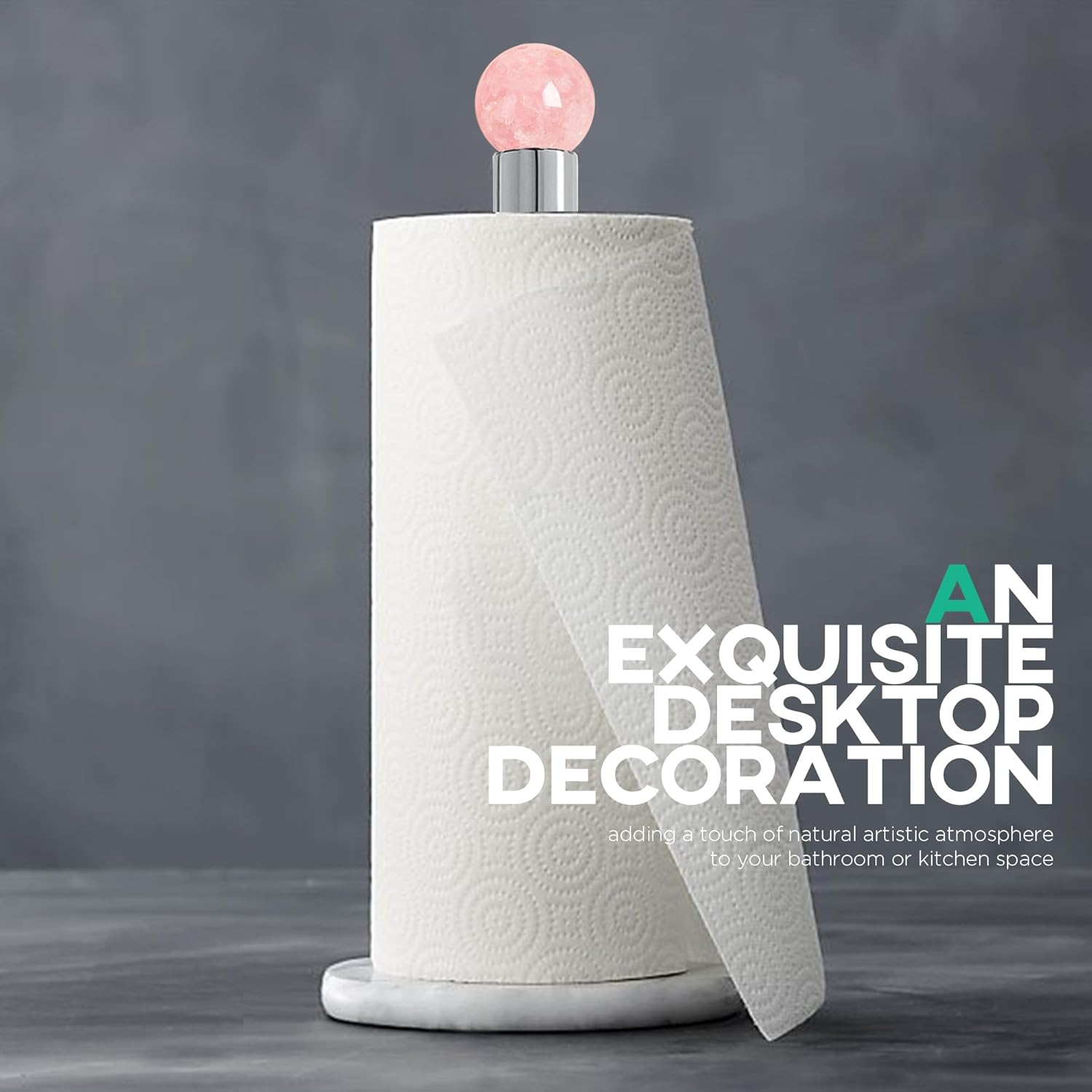 Homestia Paper Towel Holder, Stainless Steel Paper Towel Holder Stand with Pink Gemstone Decor, Standing with Weighted Base, Non-Slip Paper Towel Roll Holder for Kitchen Bathroom