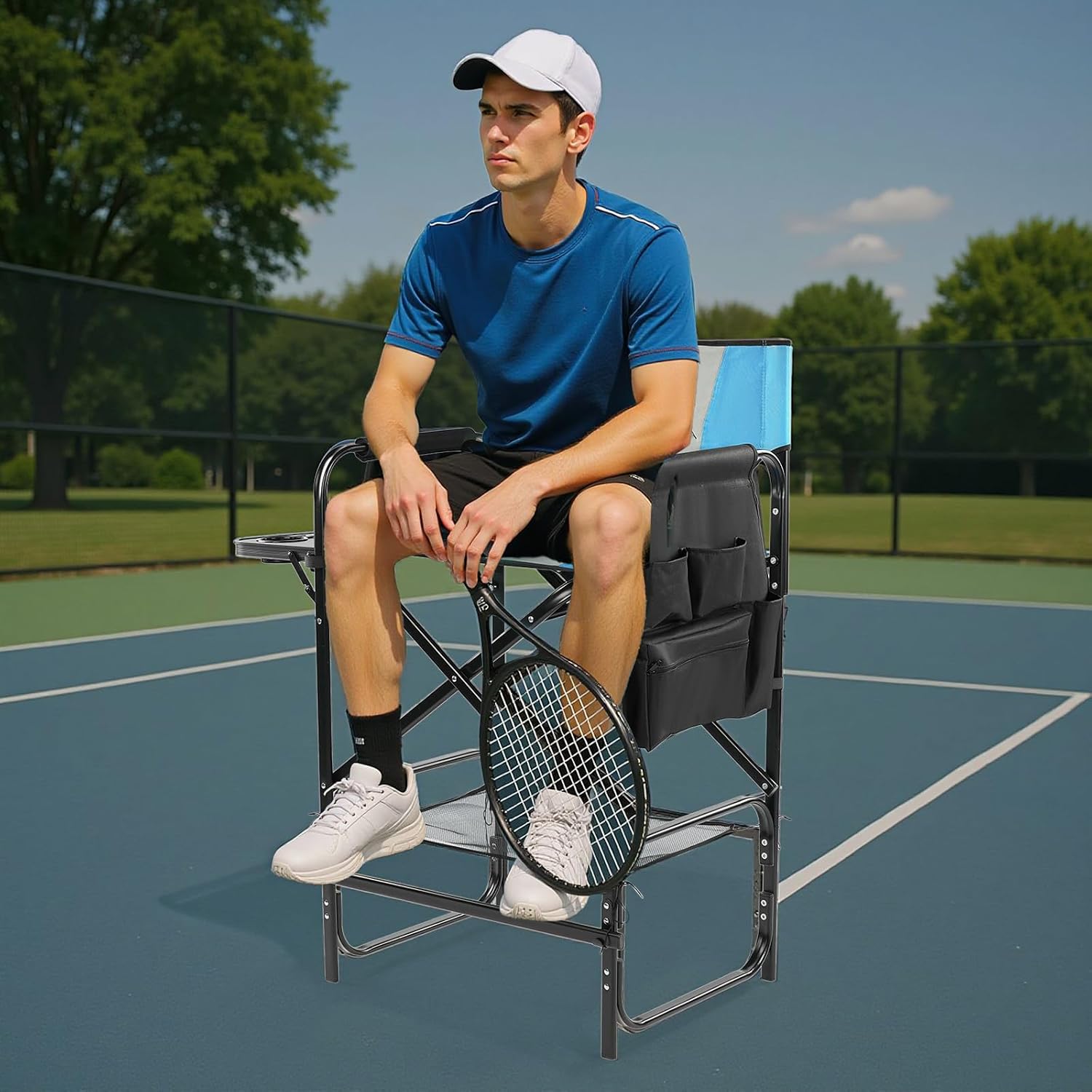 Outvita 31" Tall Directors Chair Height Seat Folding with Side Table Storage Bag, Support for 300Lbs Portable Makeup Artist Chair with Bar Height(Blue/Black)