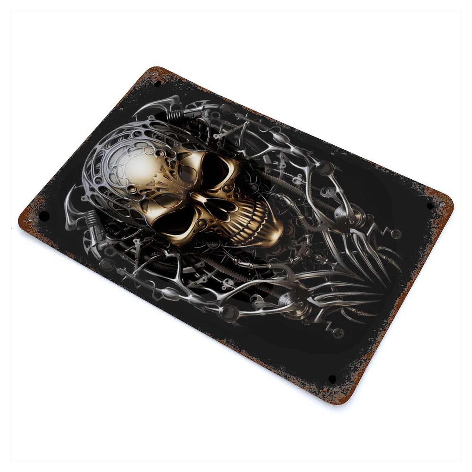 Metallic Skull Artwork Decorative Tin Sign 11.8"x7.9", Old School Wall Decor for Garage, Pub Or Kitchen