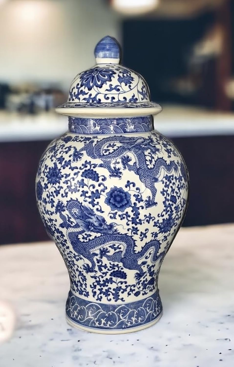 20" Classic Blue and White Floral Porcelain Ceramic Temple Ginger Jar Vase, Large China Qing Style (Dragon1)