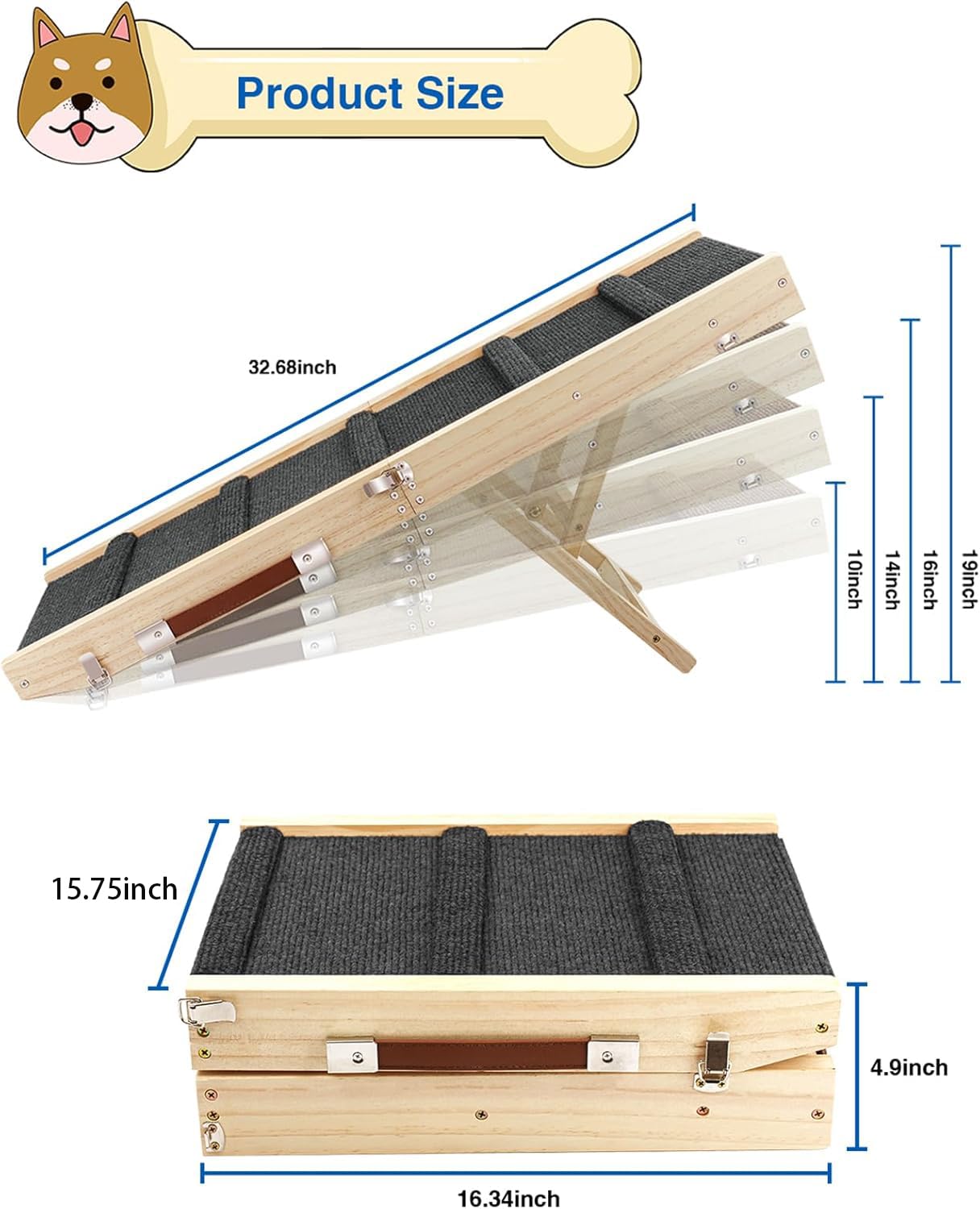 Rampe Pliante pour Chien en Bois Réglable 25-48cm avec Tapis Anti-dérapant 80x40cm