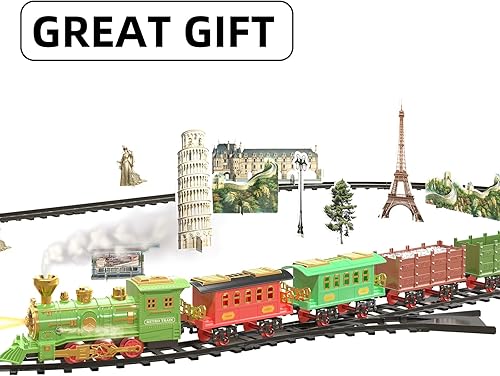 Miniatura 4 de TEMI Juego de Tren Grande  Juguete de Tren Eléctrico para Niños con Locomotora de Humo de 3 Vías, Luz y Sonidos, Vagones de Carga y Vías Largas,