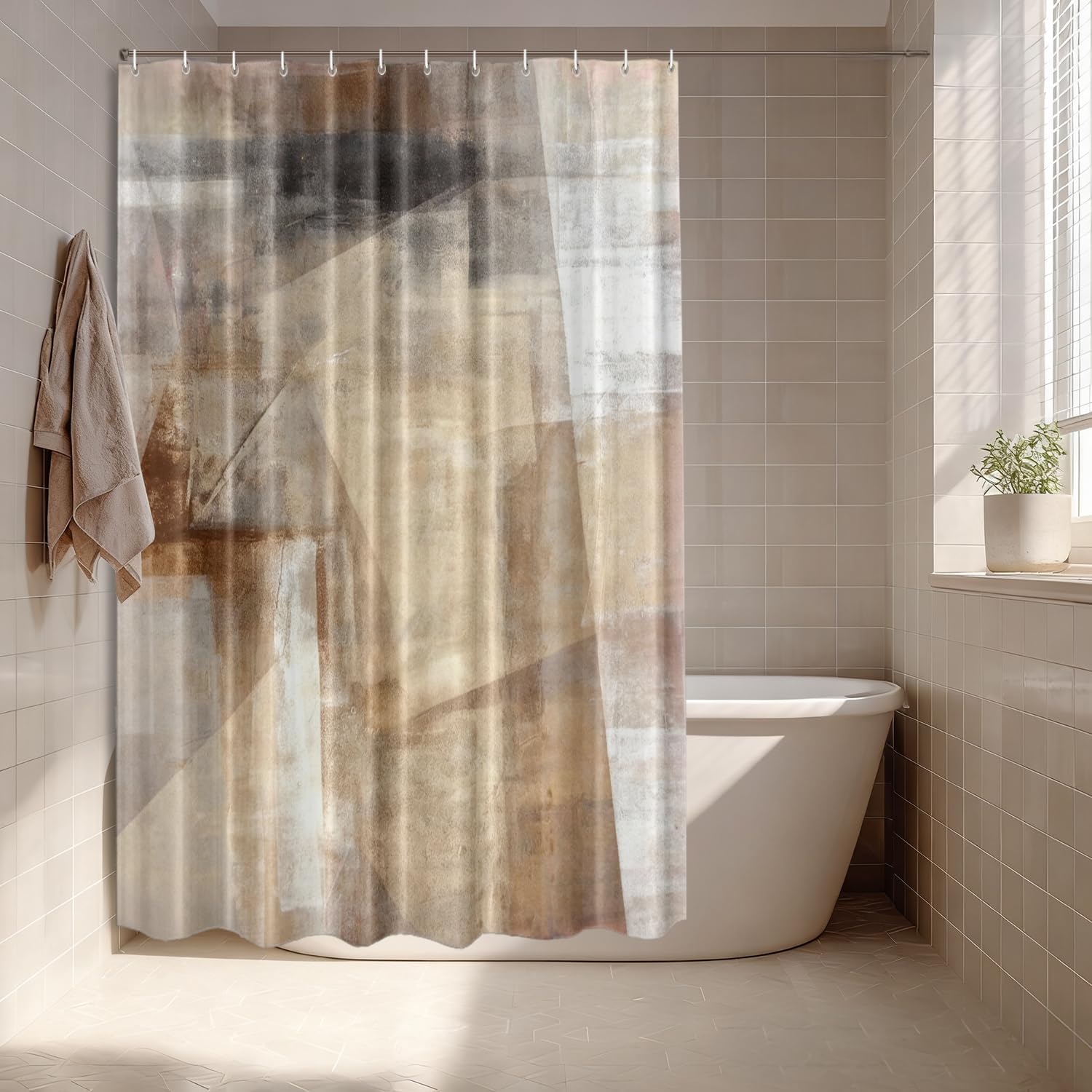 Batmerry Brown Beige Abstract Art Decorative Shower Curtain - Acrylic Painting Design, Long Wide With Rust Proof Grommets for Bathroom, Waterproof Washable