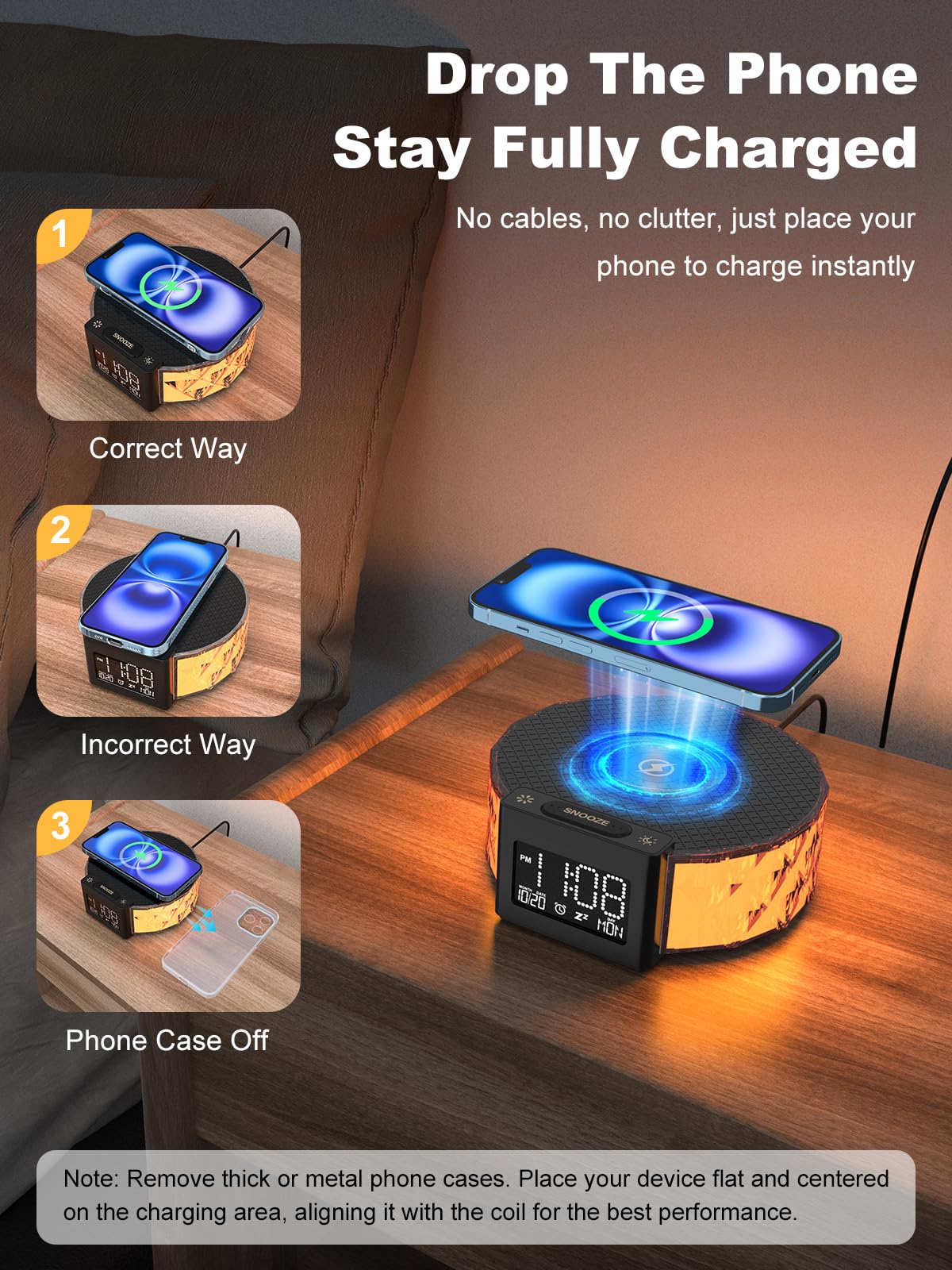 Smiling Shark Lampada Sveglia, Intelligente Sveglia Luce Ricarica Wireless con Timer Snooze Controllo Touch 3 Luminosità e Effetto RGB Wake Up Light Alarm Clock Charger per Comodino