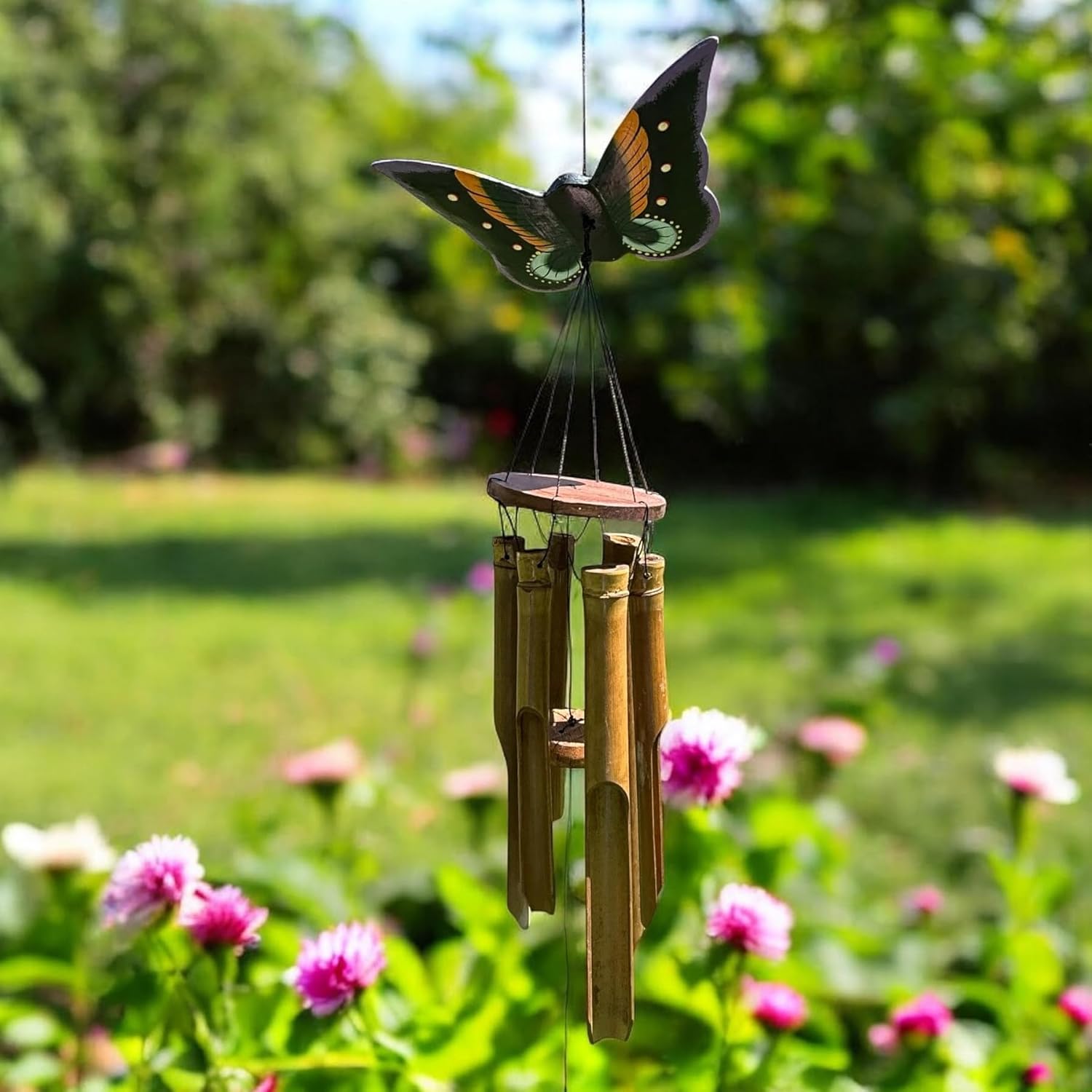 Butterfly Bamboo Wind Chime – Handcrafted 39” Hanging Outdoor Windchime with Colorful Carved Wood Topper & Relaxing Sound – Natural Bamboo Garden Décor for Porch, Patio, or Balcony