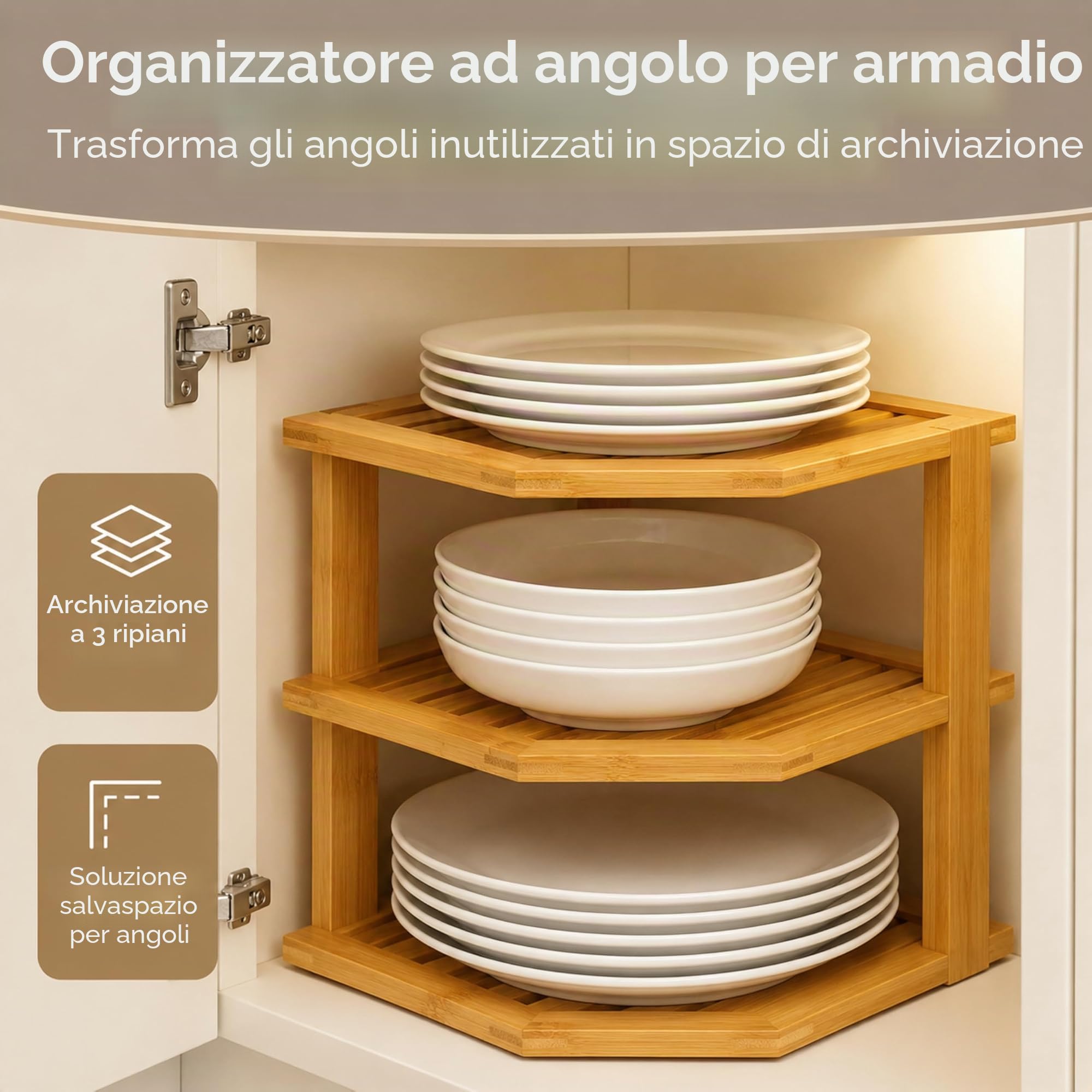 Bambüsi Scaffale angolare rustico in bambù a 3 ripiani, organizer per cucina e bagno, piano di lavoro e armadietti