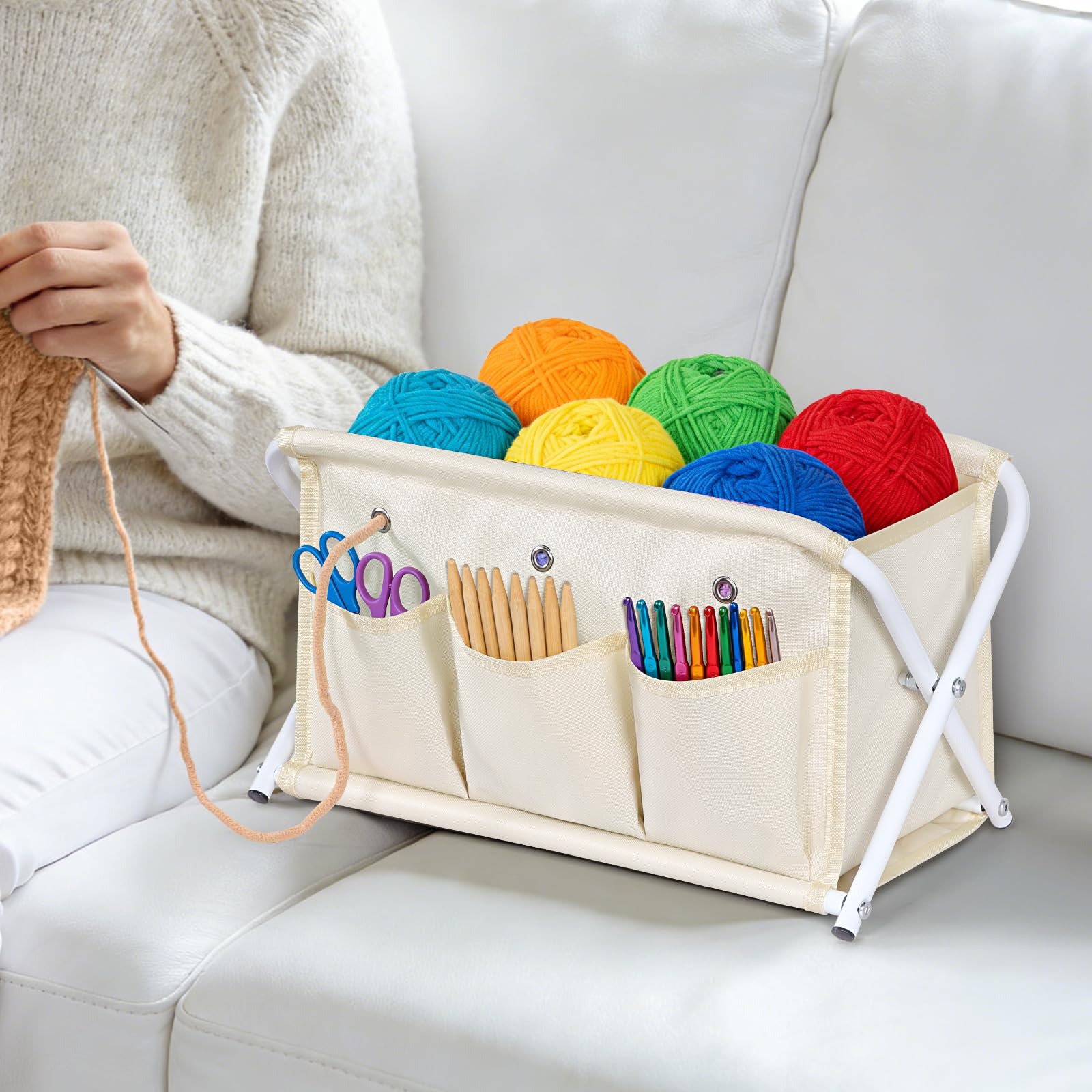 KEEGH Garn-Organizer mit großem Fassungsvermögen, Installationsfreier Garn-Caddy mit 3 Taschen, Häkeltasche, Organizer für Häkelnadeln, Stricknadeln, Zubehör