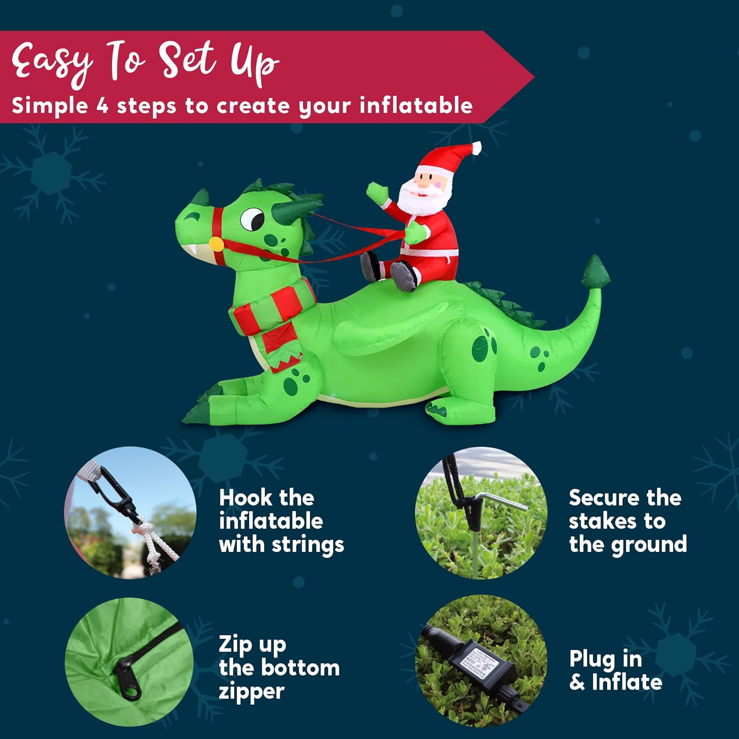 Joiedomi 6 FT Long Christmas Inflatable Dragon Outdoor Decoration, Inflatable Santa Riding Green Dragon with LEDs, Christmas Blow Up Santa Yard Decoration for Xmas Party Garden Lawn Winter Décor