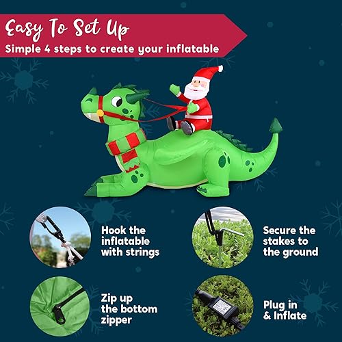 Miniatura 7 de Joiedomi Dragón inflable de Navidad de 6 pies de largo, decoración al aire libre, dragón verde inflable con luces LED, decoración de patio de Papá
