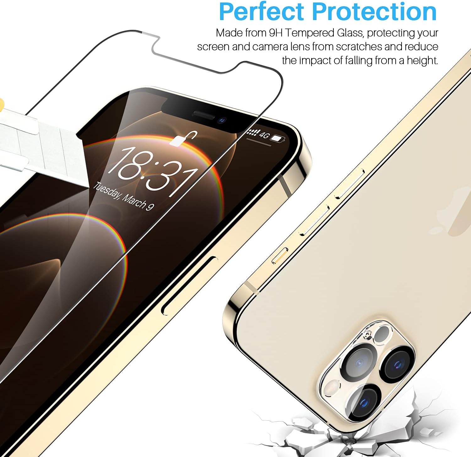 LK 3+3 Tempered Glass Compatible with iPhone 12 Pro (6.1 inches), 3 x Screen Protectors and 3 x Rear Camera Protectors, Scratch-Resistant and Bubble-Free Screen Films with Installation Frame (Ultra-HD)