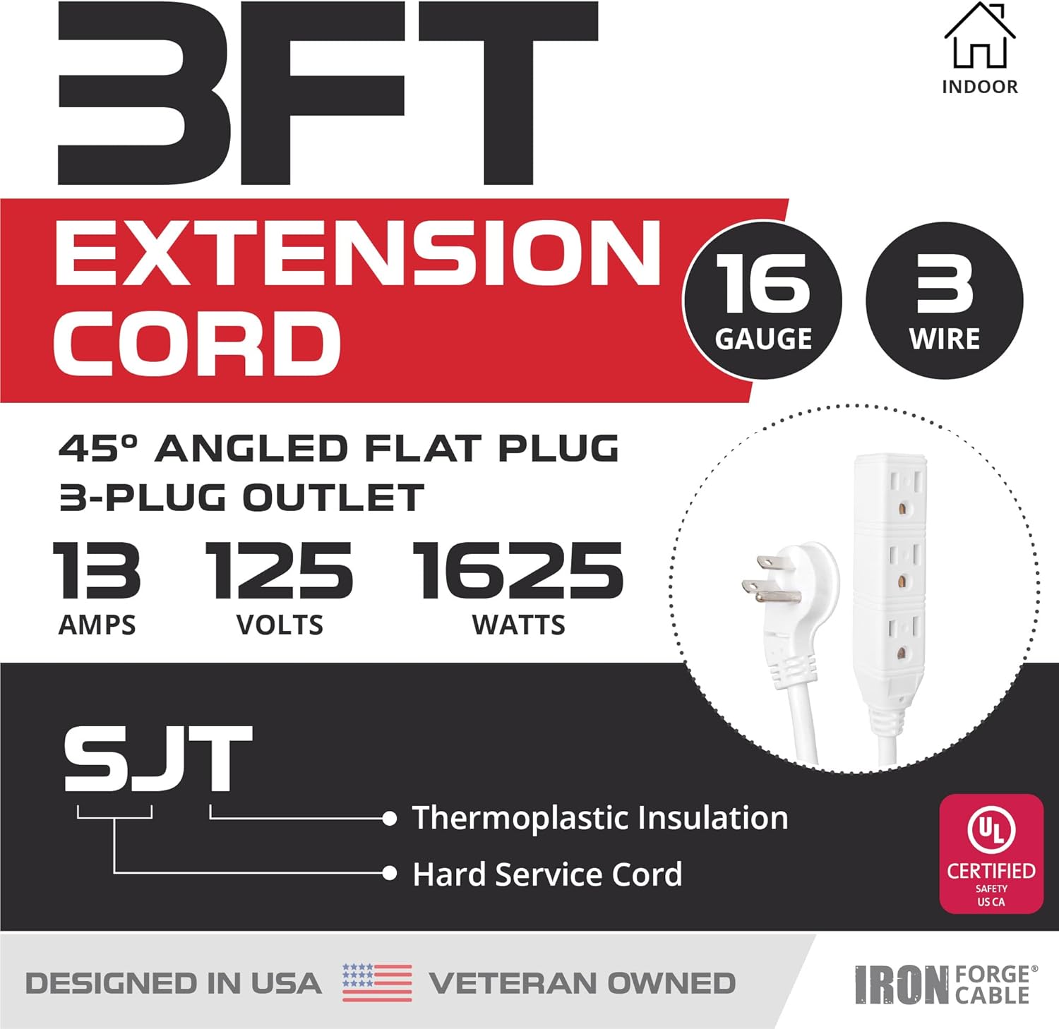 Iron Forge Cable 2 Pack 3 ft Angled Flat Plug White Extension Cord with 3 Outlets - 16/3 SJT 3 Prong Indoor Extension Cord 13 Amp, 45° Angle Flat Plug