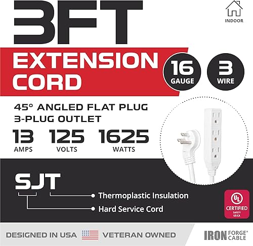 Miniatura 2 de Iron Forge Cable Cable de extensión blanco de enchufe plano en ángulo de 3 pies con 3 tomas de corriente – Cable de extensión de 16/3 SJT de 3