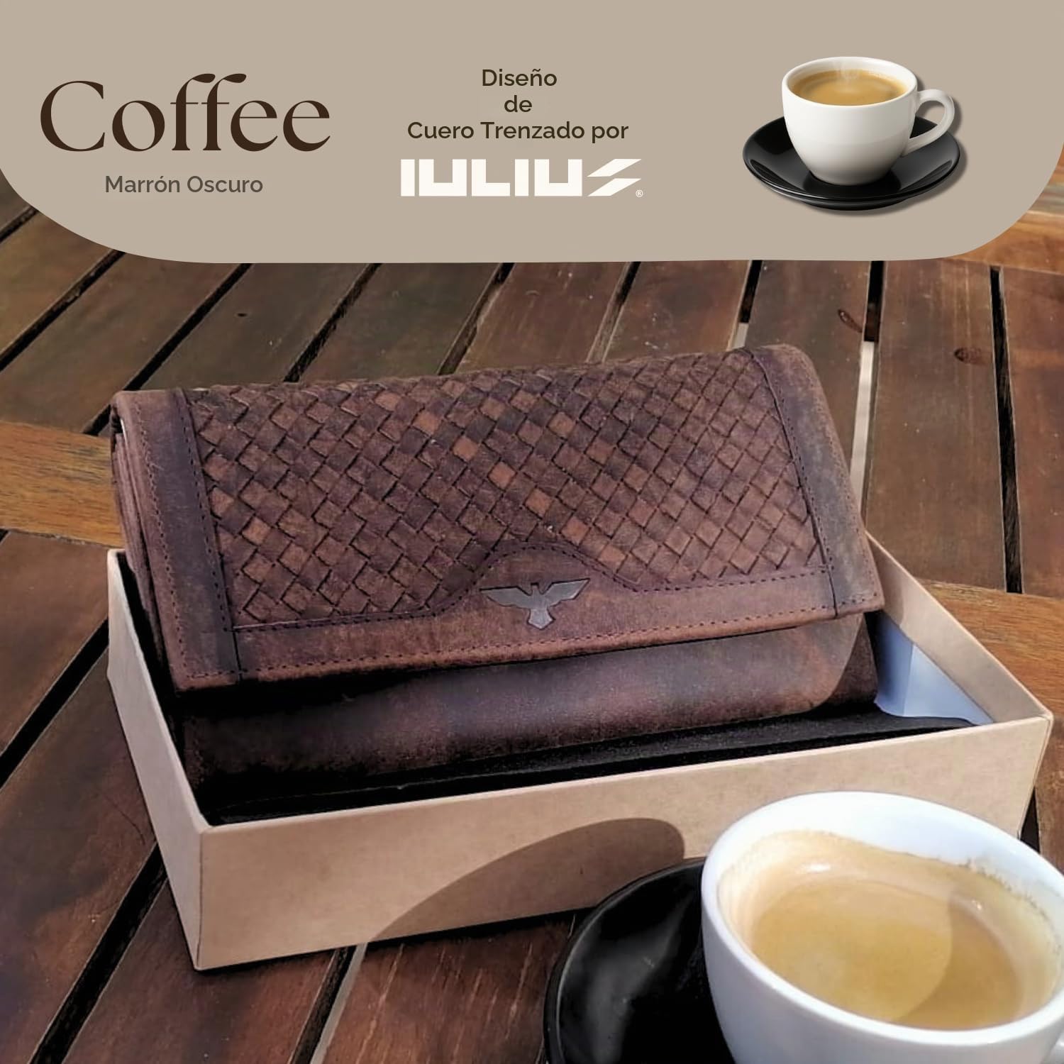 iulius Cartera de Cuero para Mujer, Solapa Piel Vacuno, Color café, Cierre metálico, múltiples Compartimentos, 19x11x3 cm, Elegante y Funcional