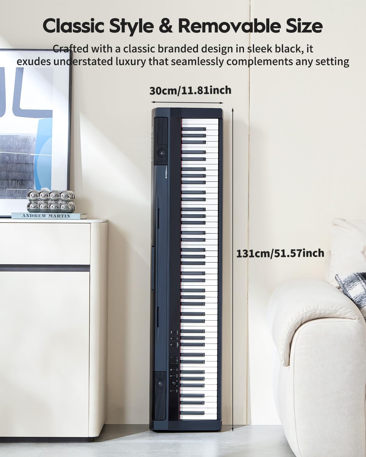 Rear view of STRICH SDP-P7 Digital Piano showing power, sustain, line out, headphone, and USB MIDI ports.