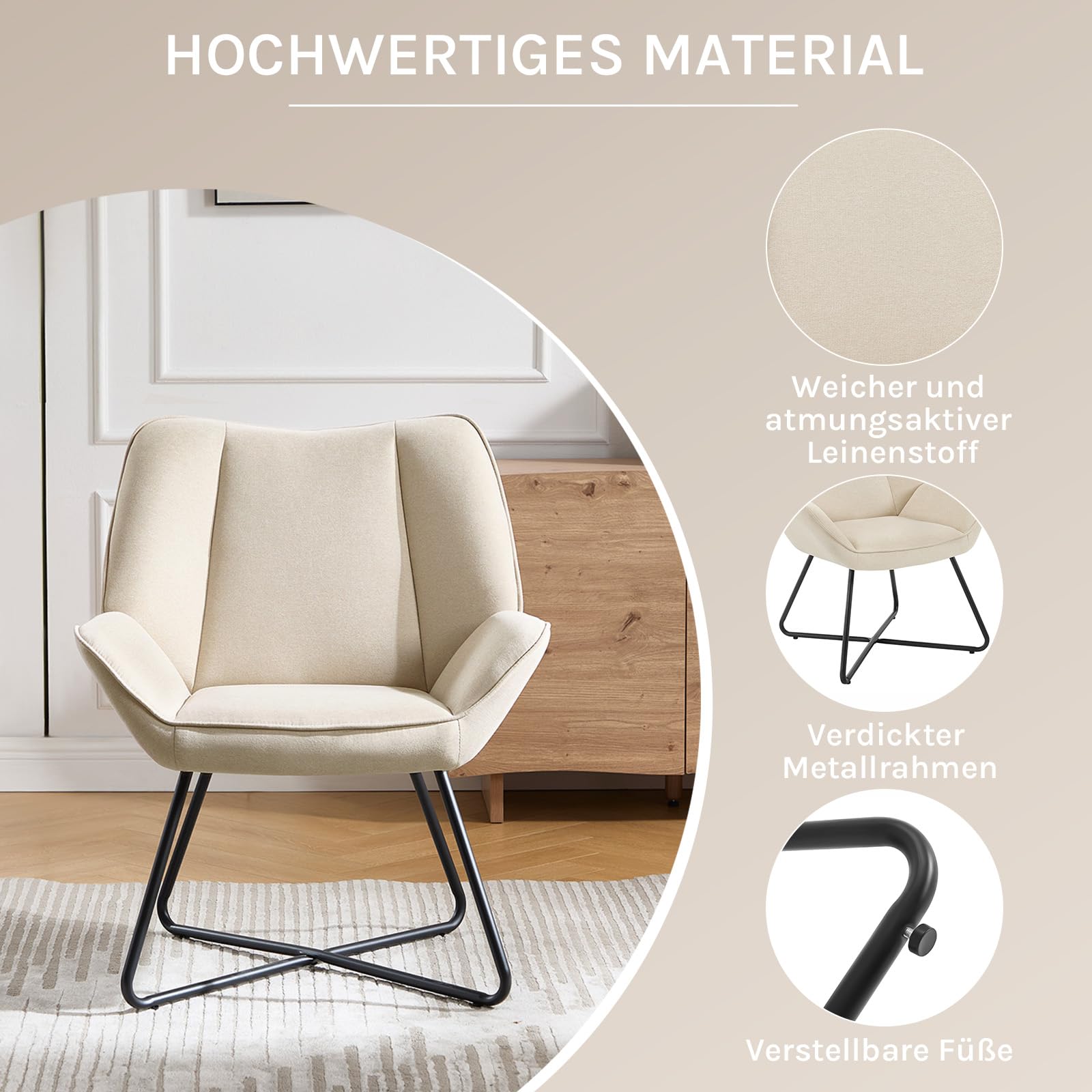 WOLTU Sessel Wohnzimmer, Relaxsessel mit Armlehnen, Beige | Loungesessel mit Metallrahmen, gepolstert, aus Leinen, modern, bequem, bis 150 kg, 71 x 85 x 70 cm (B x H x T)