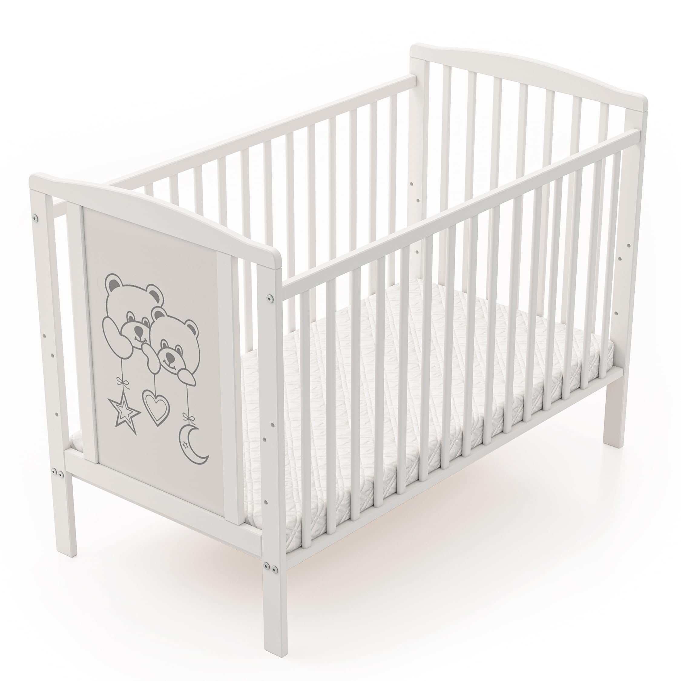 Cuna Oso Luna Ecológica y de Madera Maciza 3 Veces Regulable en Altura con colchón y Tres Lamas extraíbles 60 x 120 cm